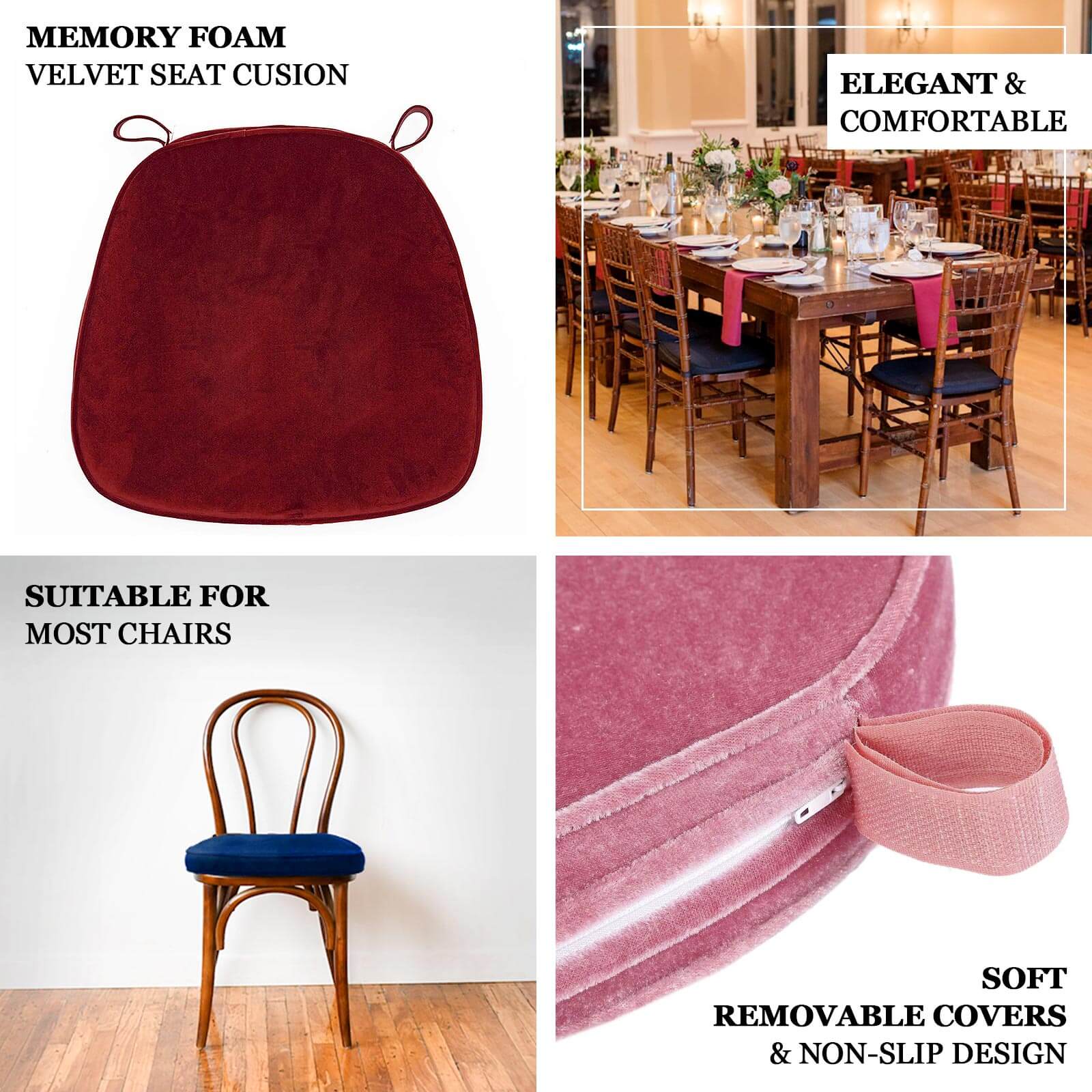 Velvet Chair Cushion with 2" Thick Memory Foam and Ties Navy Blue - Removable Cover for Chiavari Chairs