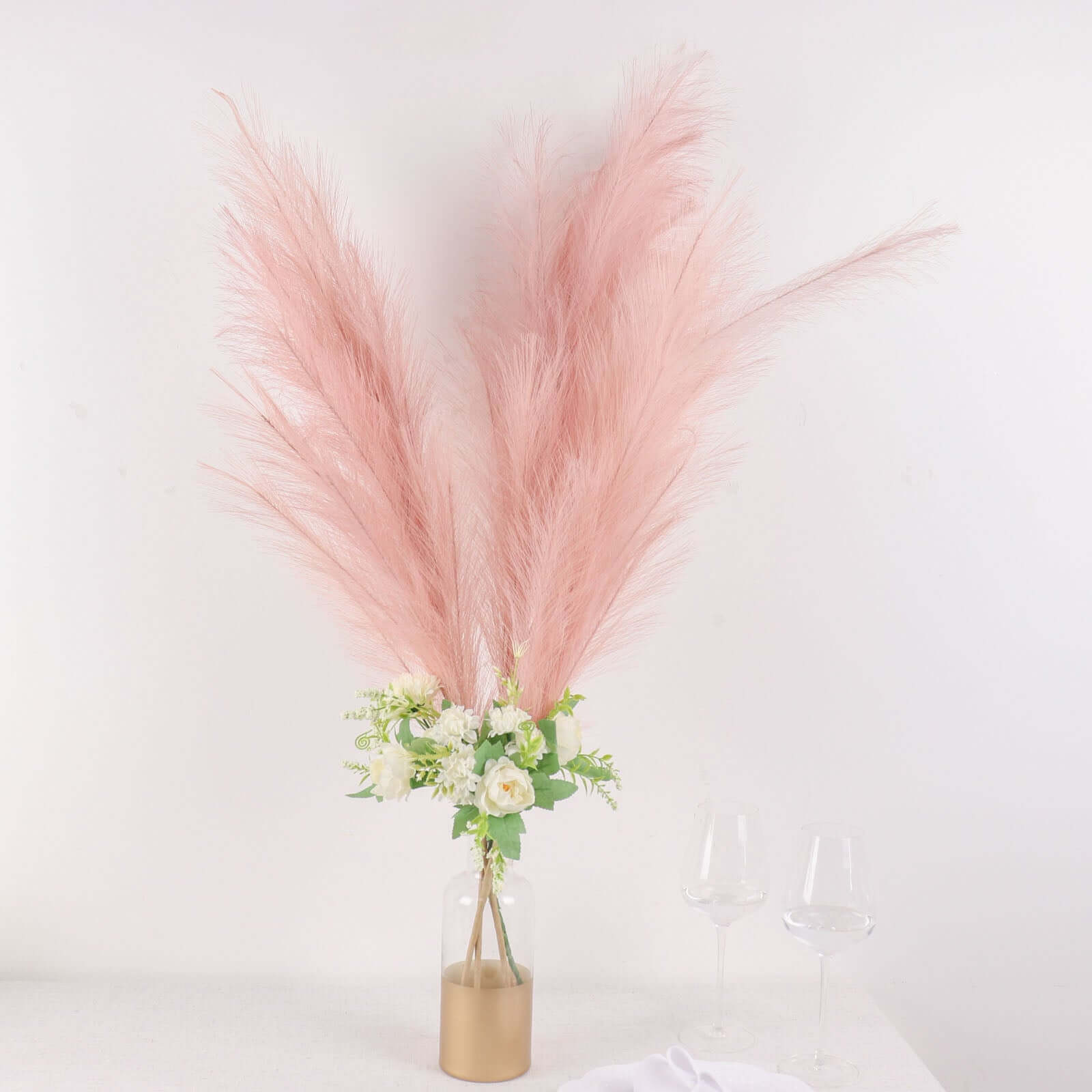 3 Stems Artificial Pampas Grass Decor Dusty Rose - Soft Realistic Faux Ornamental Grass Branches for Rustic Boho Chic Backdrops Floral Styling & Vase Displays 44"