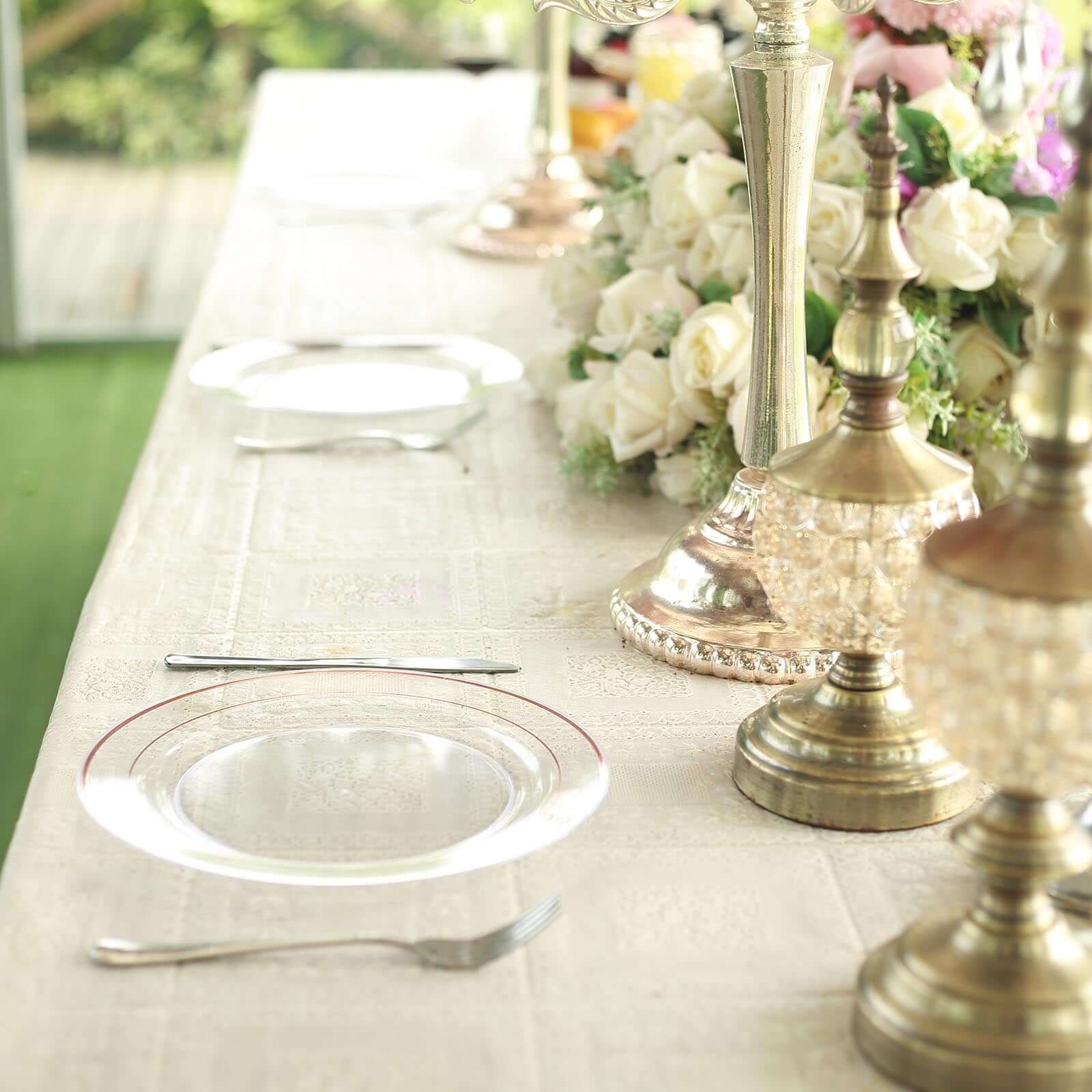 10-Pack Plastic Dinner Plates Clear with Très Chic Rose Gold Rim - Perfect Disposable Party Plates 10"