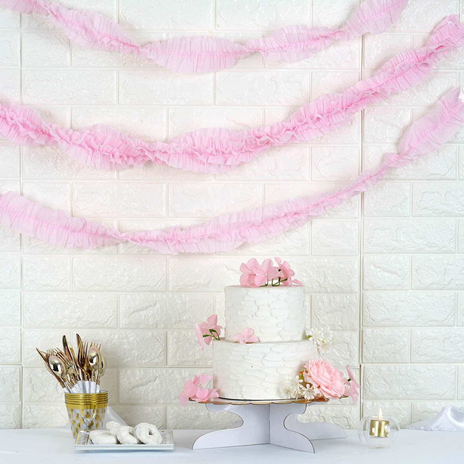 3 Pack 28ft Blush Ruffled Paper Streamer Rolls, Crepe Tissue Party Decorations