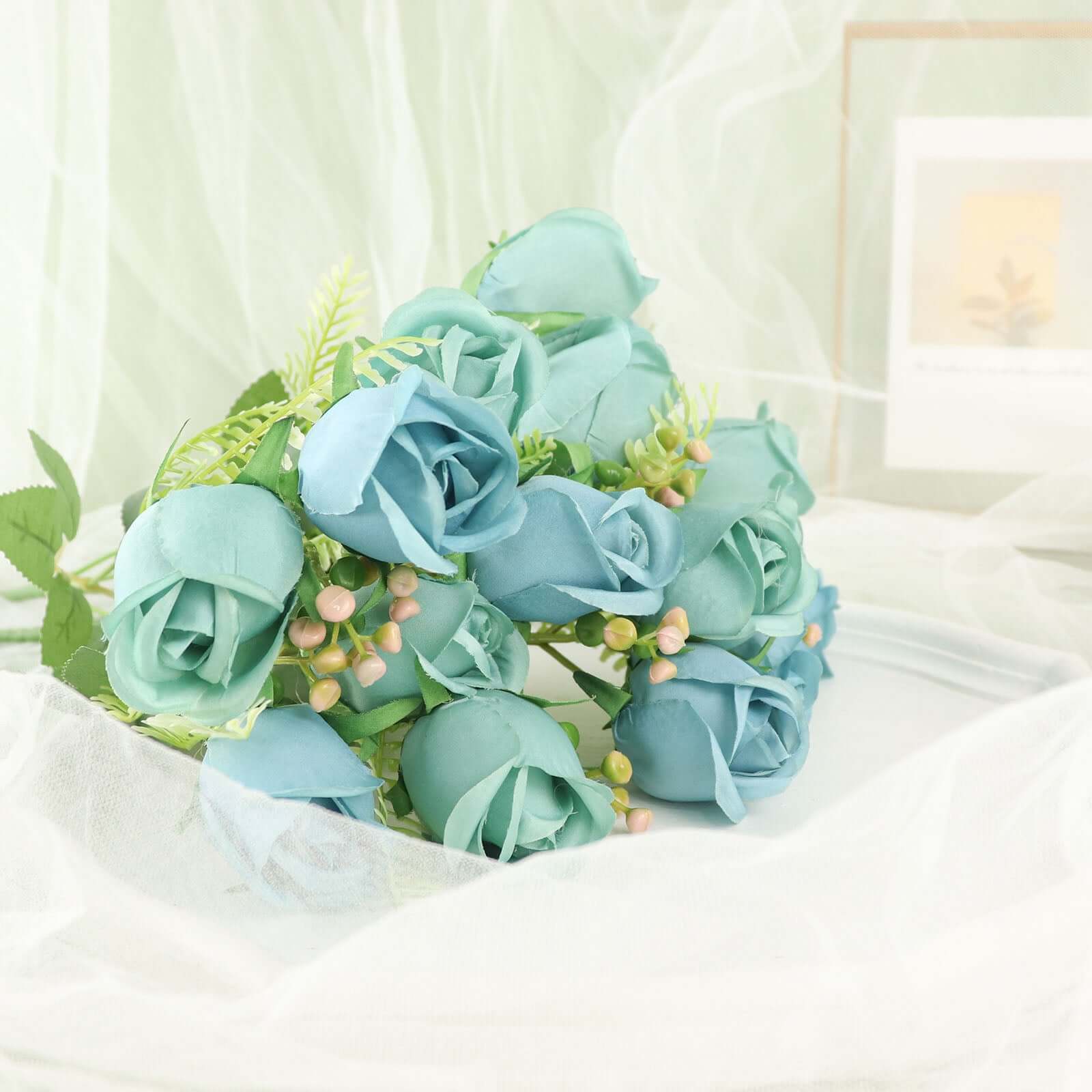 3 Pack 13" Dusty Blue Real Touch Silk Rose Bud Flower Bridal Bouquets, Artificial Floral Bush Arrangements