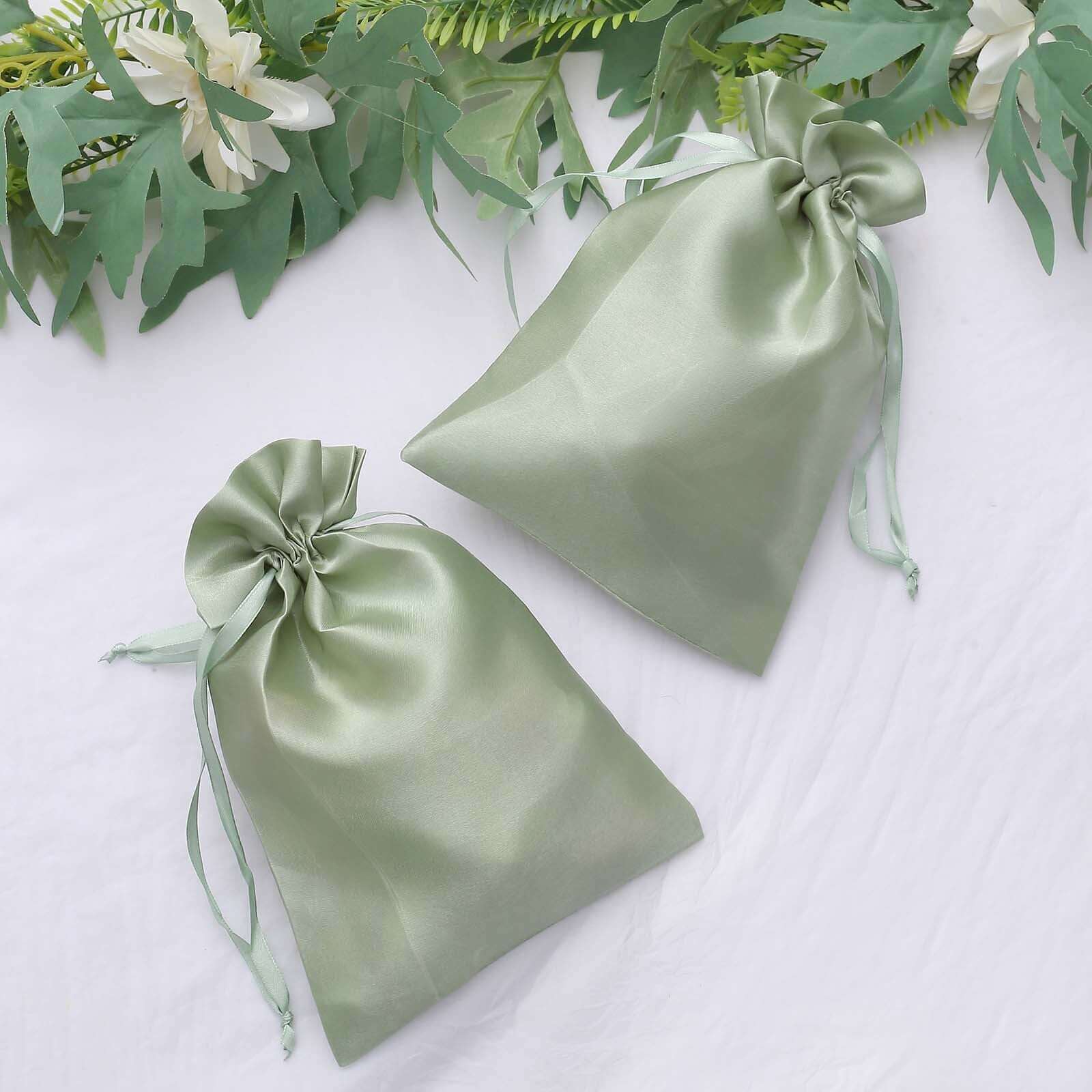 12 Pack 6"x9" Sage Green Satin Wedding Party Favor Bags, Drawstring Pouch Gift Bags