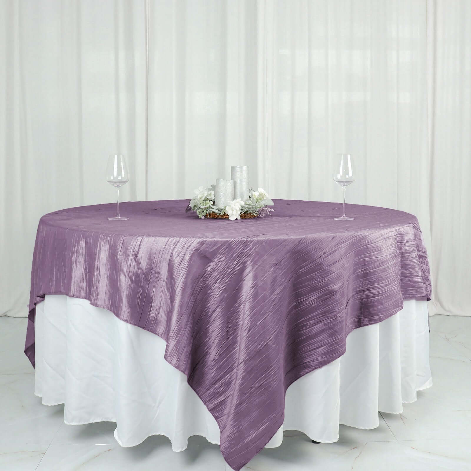 Taffeta 90"x90" Table Overlay Square Tablecloth Violet Amethyst - Accordion Crinkle Table Cover