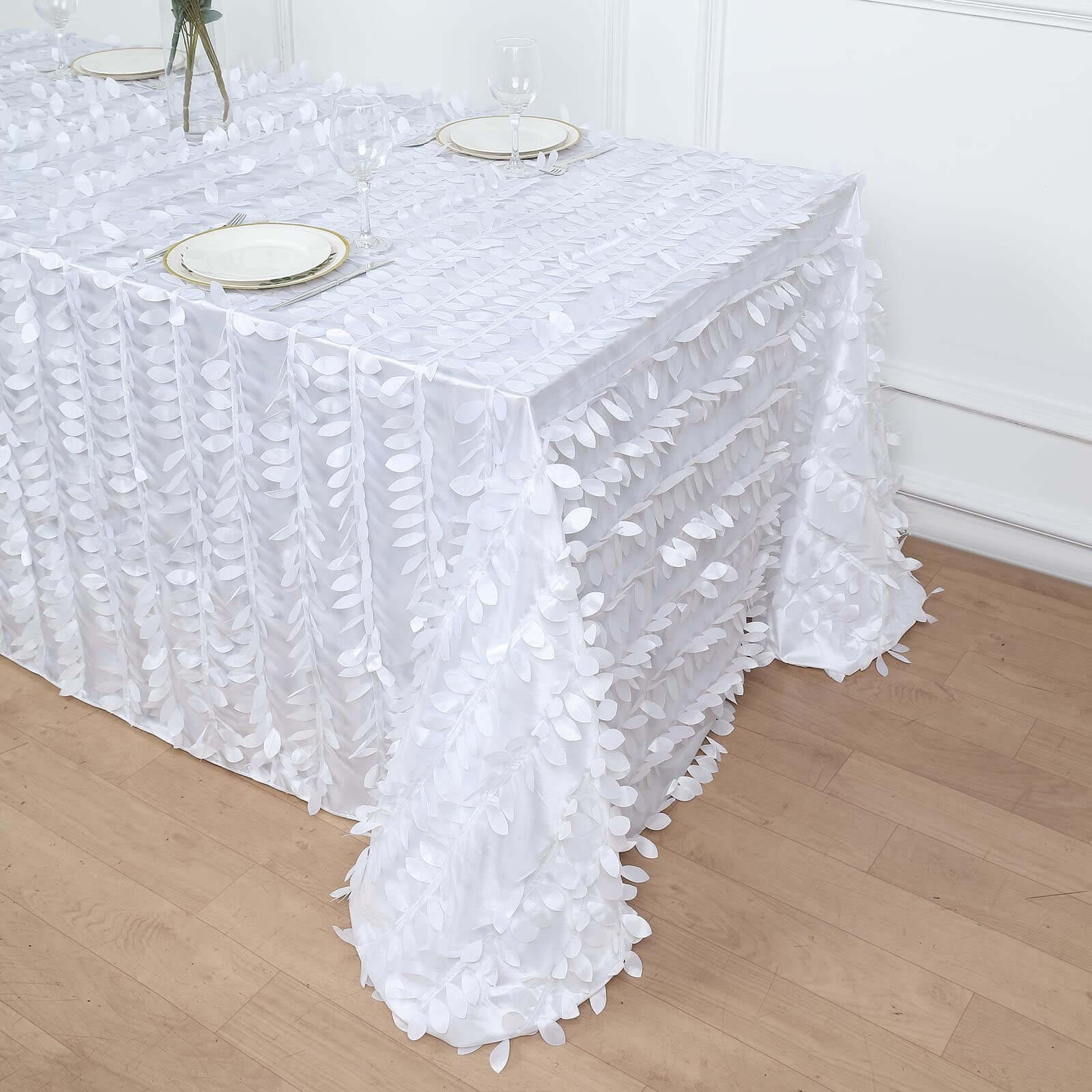Taffeta 90"x132" Rectangle Tablecloth White | 3D Leaf Petal Design Seamless Table Cover for Stylish Wedding & Event Decor