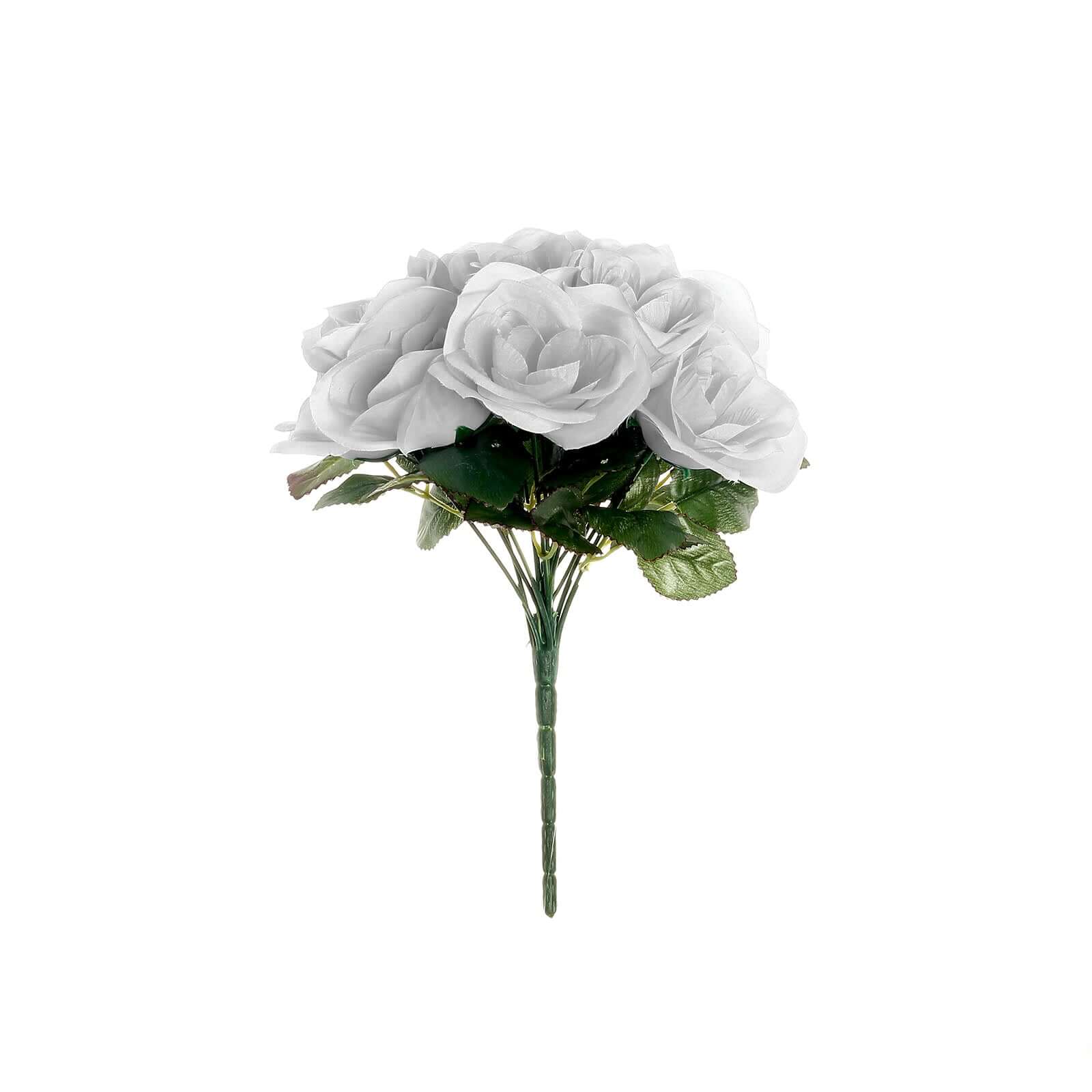 12" Silver Artificial Velvet-Like Fabric Rose Flower Bouquet Bush