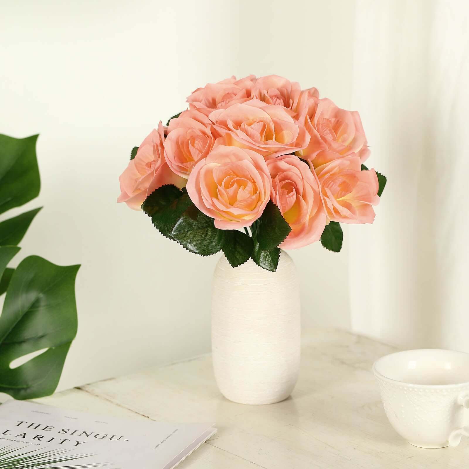 12" Peach Artificial Velvet-Like Fabric Rose Flower Bouquet Bush