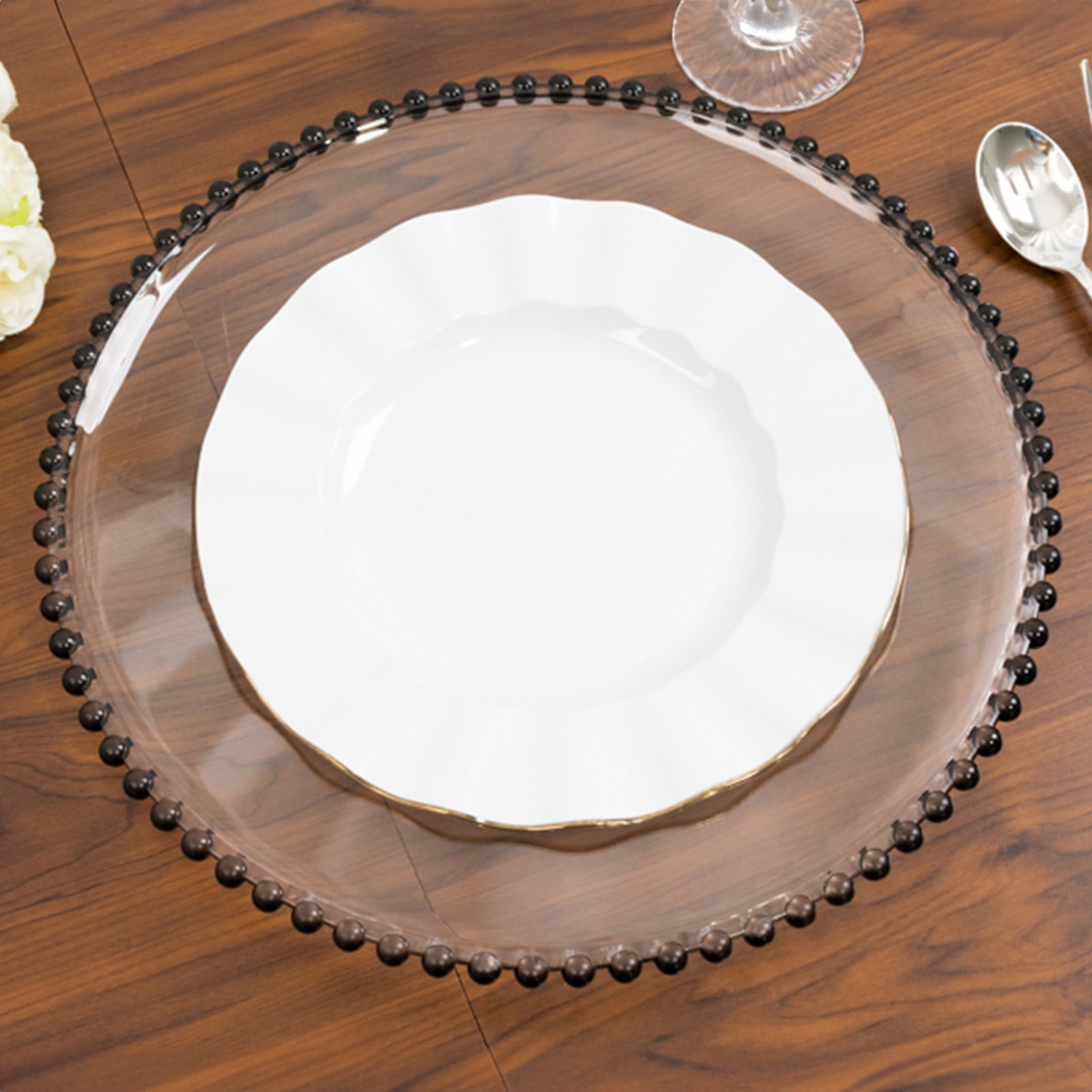 6-Pack Acrylic Round Charger Plates 13" in Clear with Black Beaded Rim, Decorative Dinner Party Charger Tableware