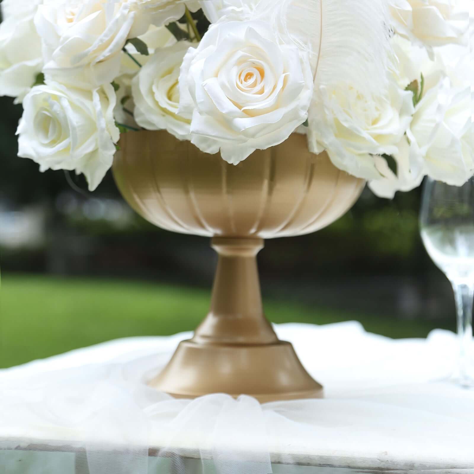 4-Pack Metal Compote Pedestal Bowl Flower Vases in Grecian Urn Style Gold - Refined Floral Wedding Table Centerpieces 8.5"