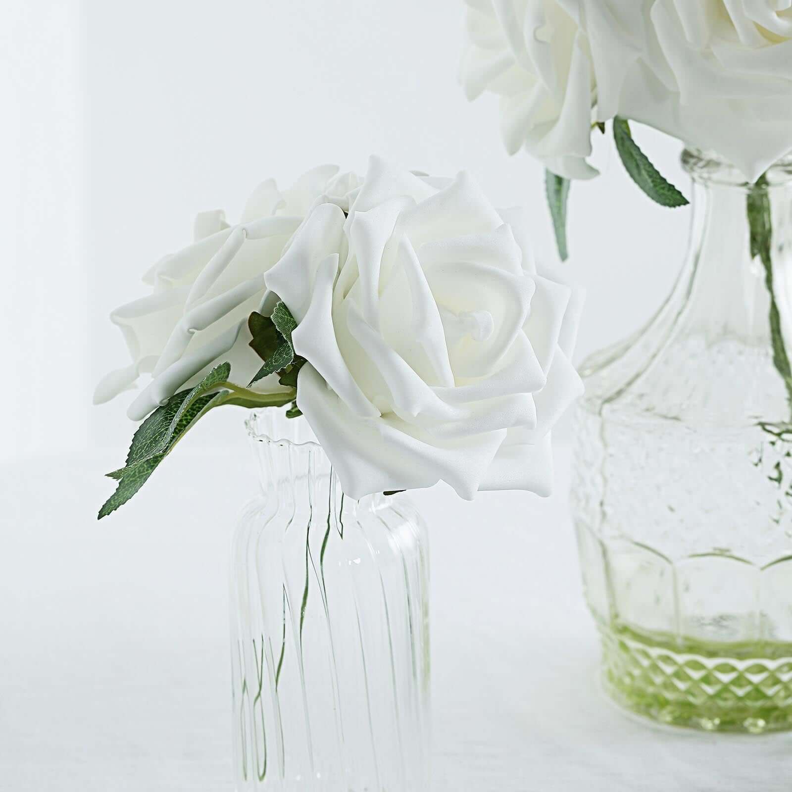 24 Roses 5" White Artificial Foam Flowers With Stem Wire and Leaves
