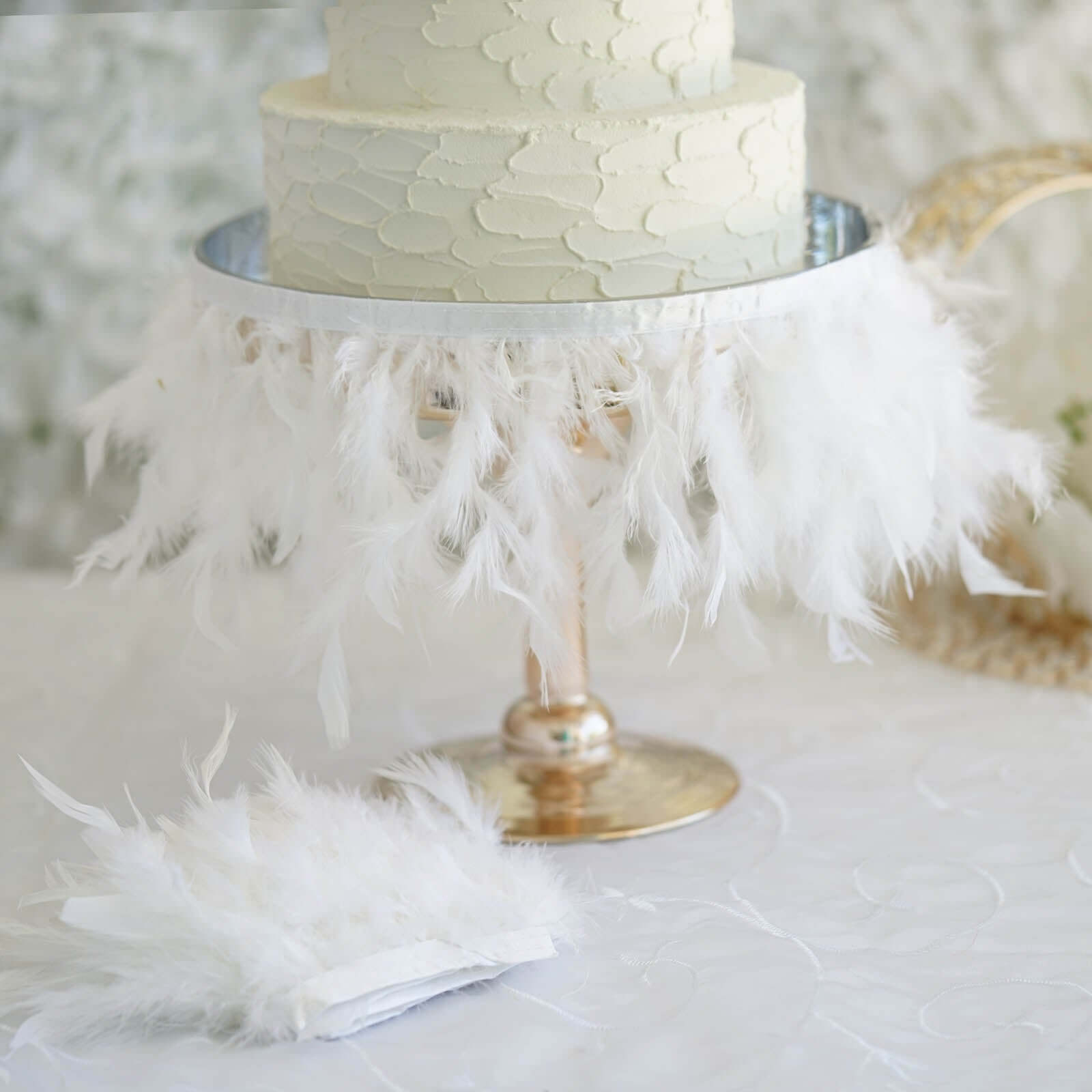 39" White Real Turkey Feather Fringe Trim With Satin Ribbon Tape
