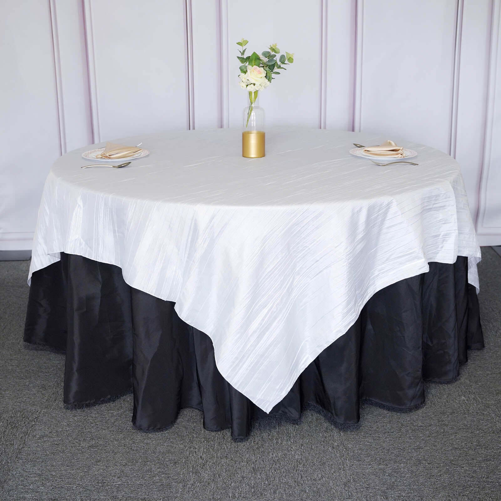 Taffeta 90"x90" Table Overlay Square Tablecloth White - Accordion Crinkle Design for Modern Celebrations