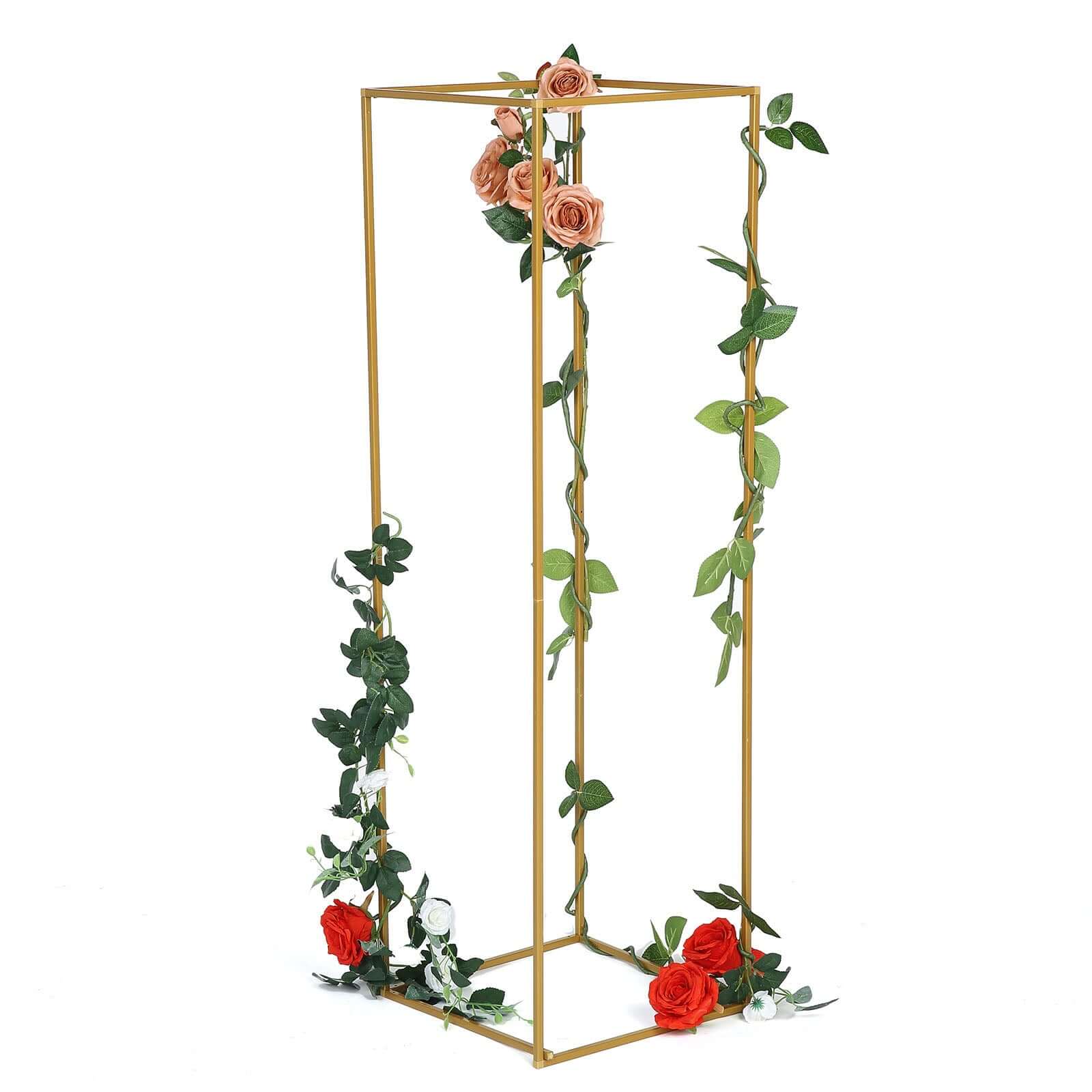 2-Pack Wedding Flower Stand Gold Metal Geometric Column Frame Rectangular - Versatile Floral Pedestal for Upscale Arrangements 48"