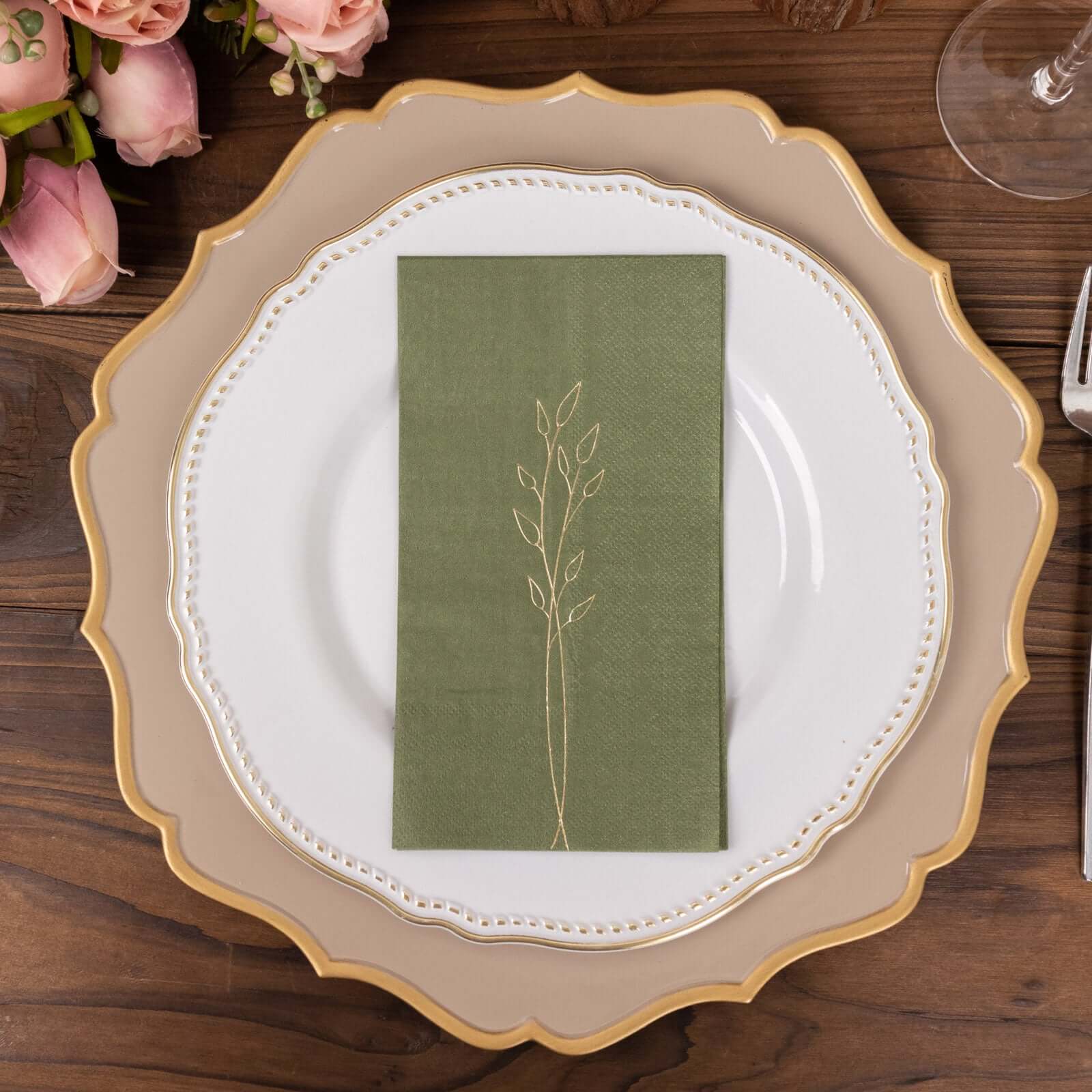 50-Pack Paper Dinner Napkins Olive Green with Gold Embossed Leaf - Stylish 2-Ply Disposable Napkins for Weddings 18GSM