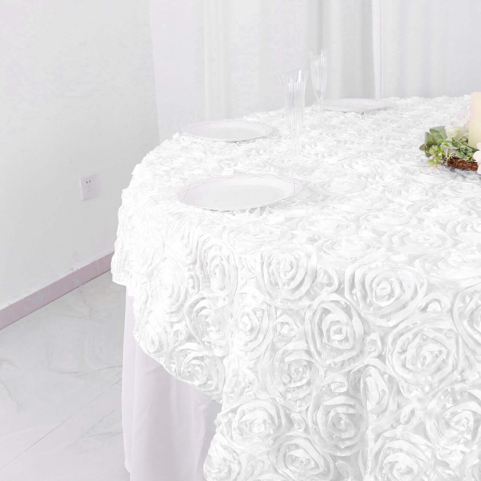 Satin 72"x72" Table Overlay Square Tablecloth White - 3D Rosette Design for Stylish Occasions