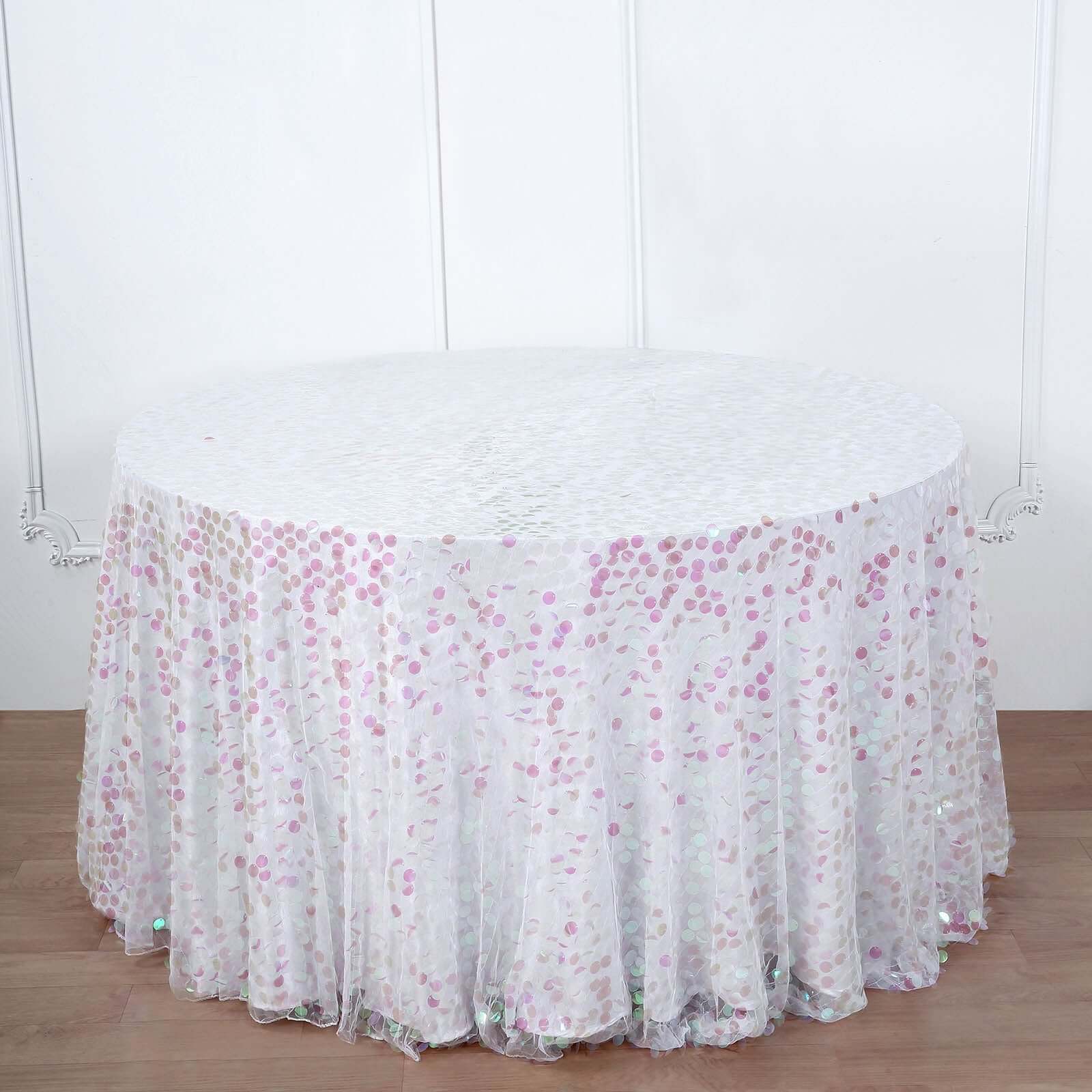 120" Iridescent Seamless Big Payette Sequin Round Tablecloth Collection for 5 Foot Table With Floor-Length Drop