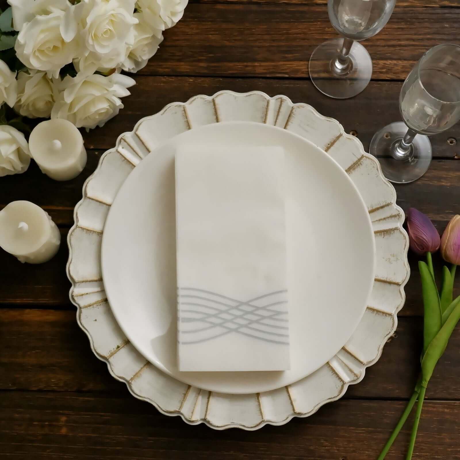 25 Pack Linen-Like Paper 8"x4" Napkins White with Metallic Silver Foil Wave Design - Soft & Absotbent Airlaid Hand Towels