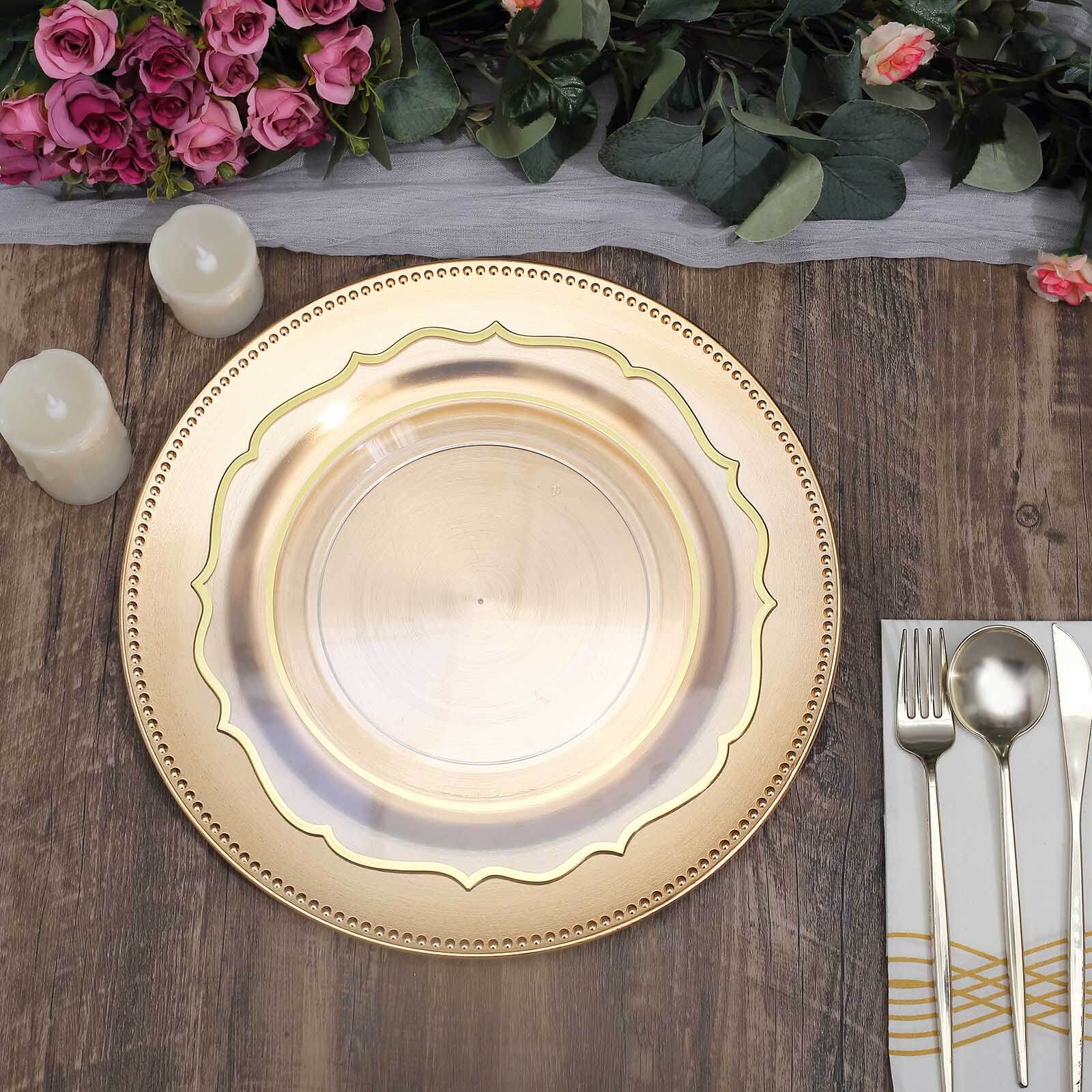 6-Pack Acrylic Round Charger Plates 13" in Gold with Beaded Rim, Dinner Charger Event Tabletop Decor