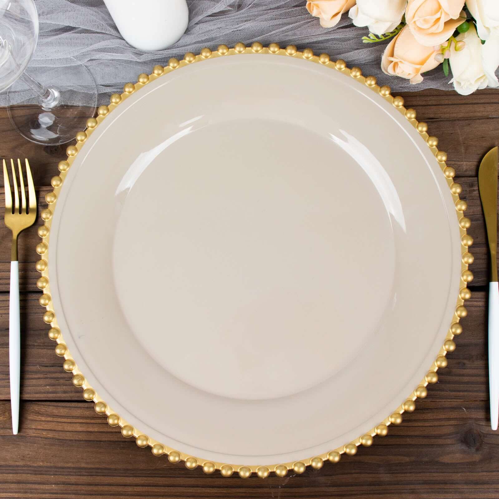 6-Pack Acrylic Round Charger Plates 13" in Taupe with Gold Beaded Rim, Decorative Dinner Party Charger Tableware