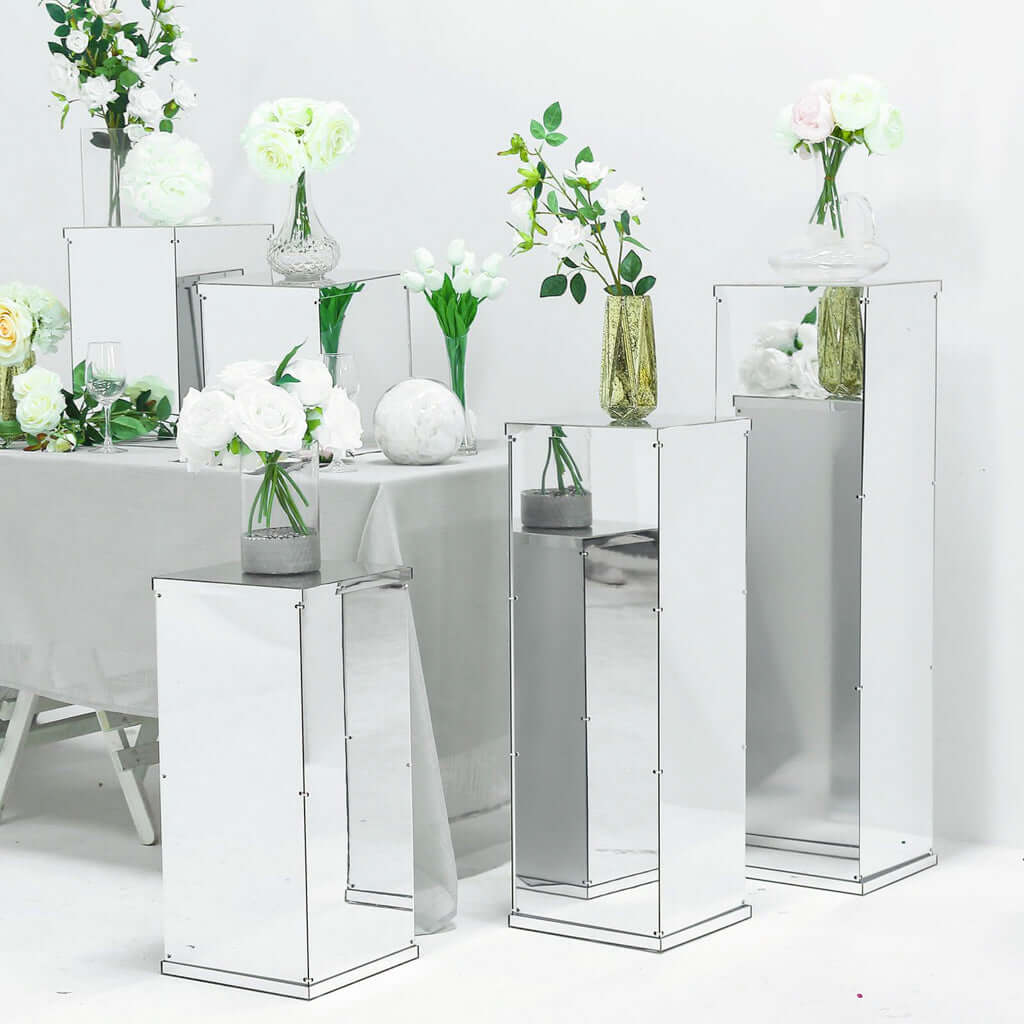 32" Silver Mirror Finish Acrylic Display Box, Pedestal Riser with Interchangeable Lid and Base
