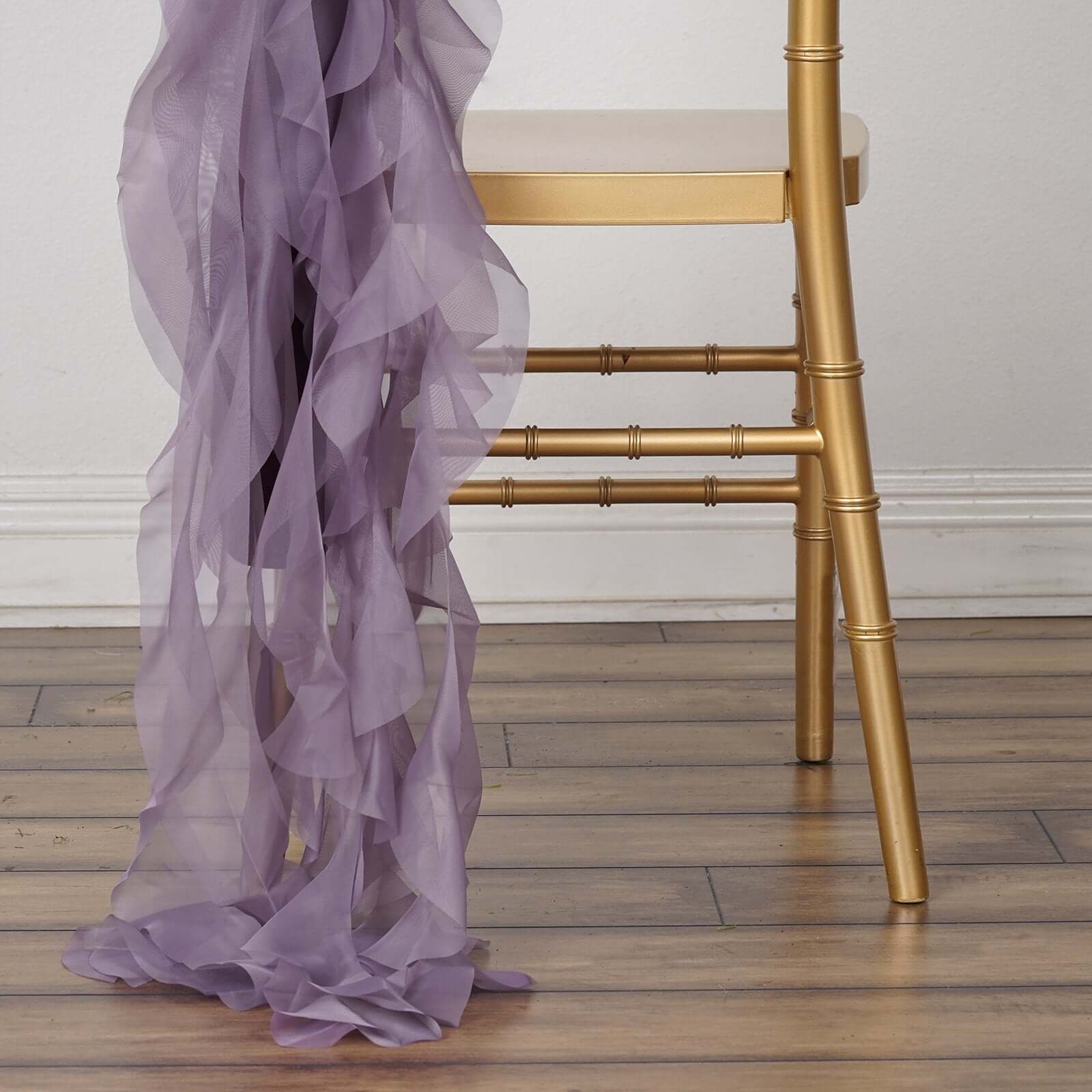 1 Set Chiffon Hoods Chair Sashes with Willow Ruffles Design Violet Amethyst - Stylish Chair Bow Decor