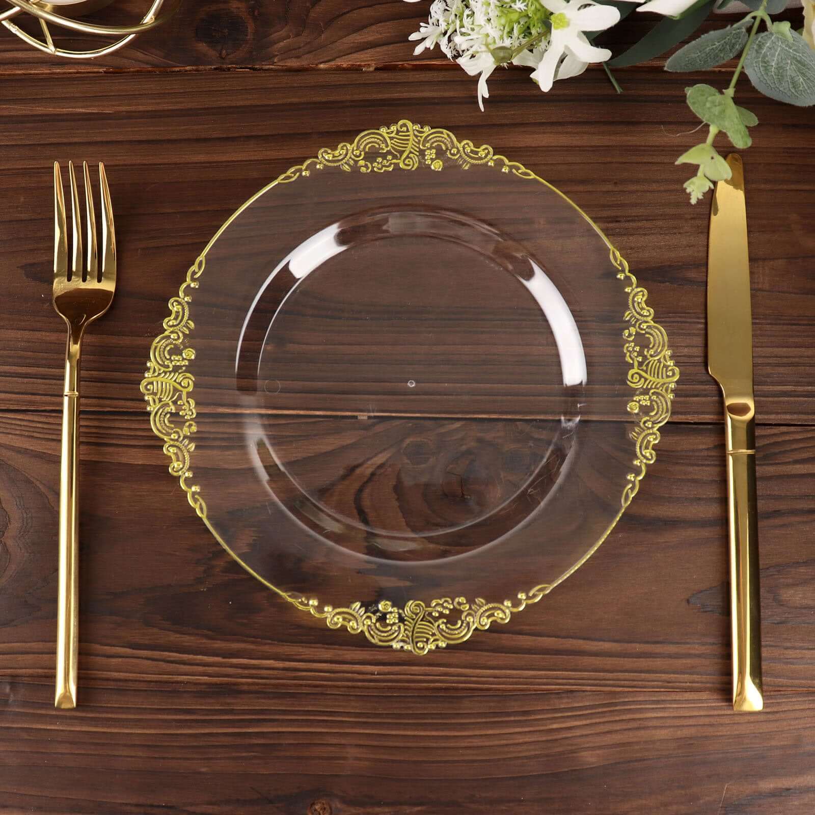 10-Pack Plastic 8" Round Dessert Plates in Clear with Gold Leaf Embossed Rim - Disposable Vintage Baroque Style Salad Plates