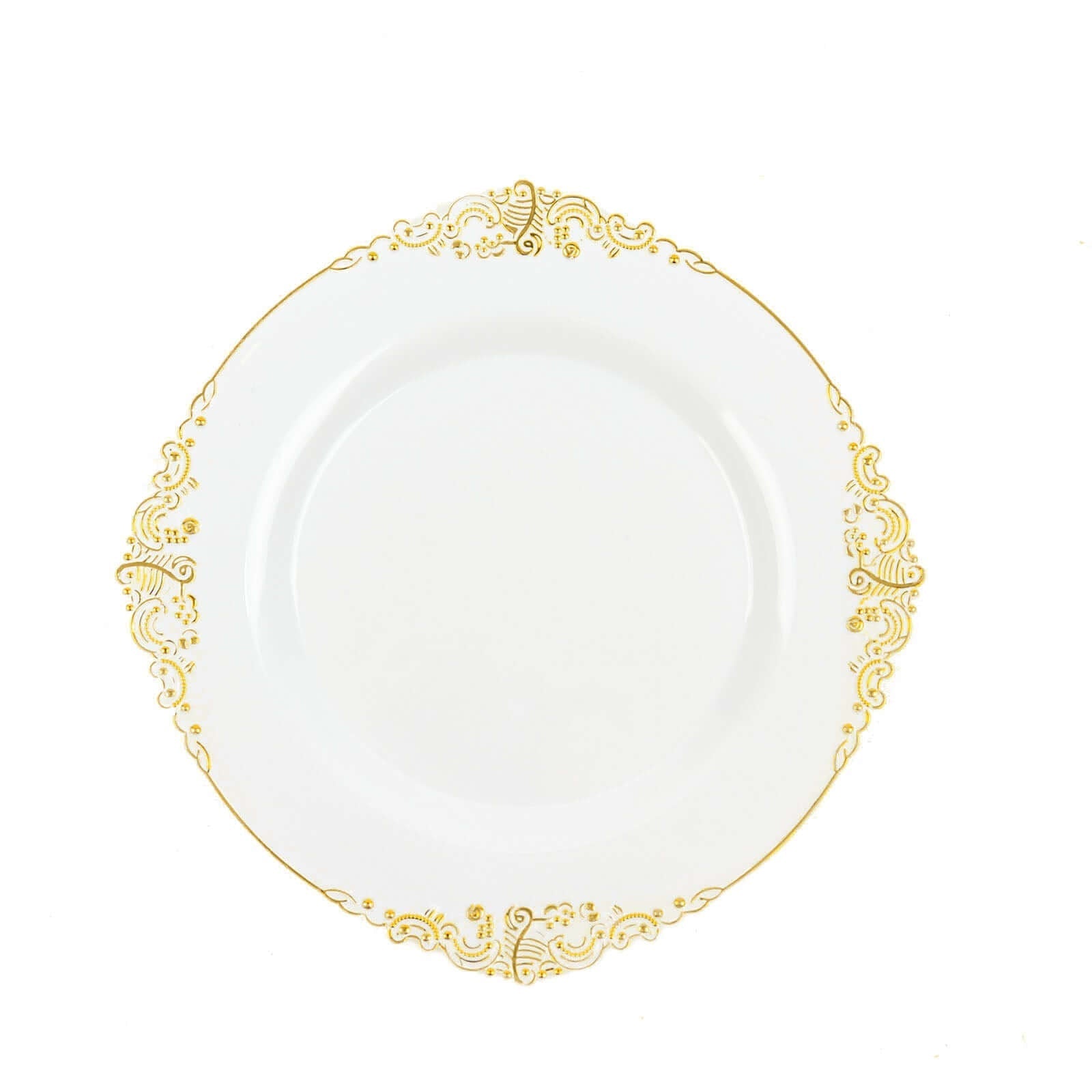10-Pack Plastic 8" Round Dessert Plates in White with Gold Leaf Embossed Rim - Disposable Vintage Baroque Style Salad Plates for Luxurious Gatherings & Events