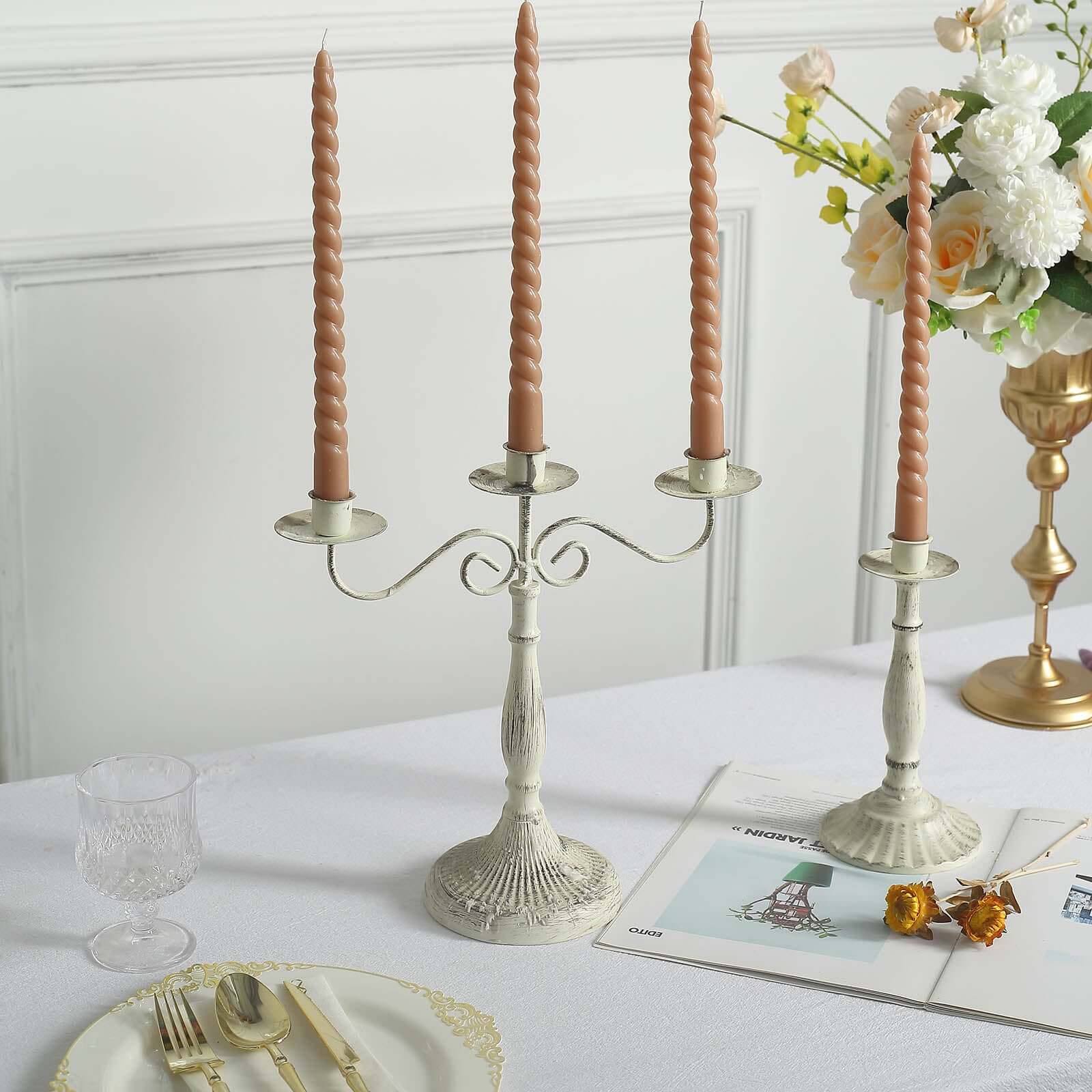 12-Pack Taper Candles Spiral Long Burn Wick Design Beige - Premium Unscented Wax Dinner Candle Sticks 11"