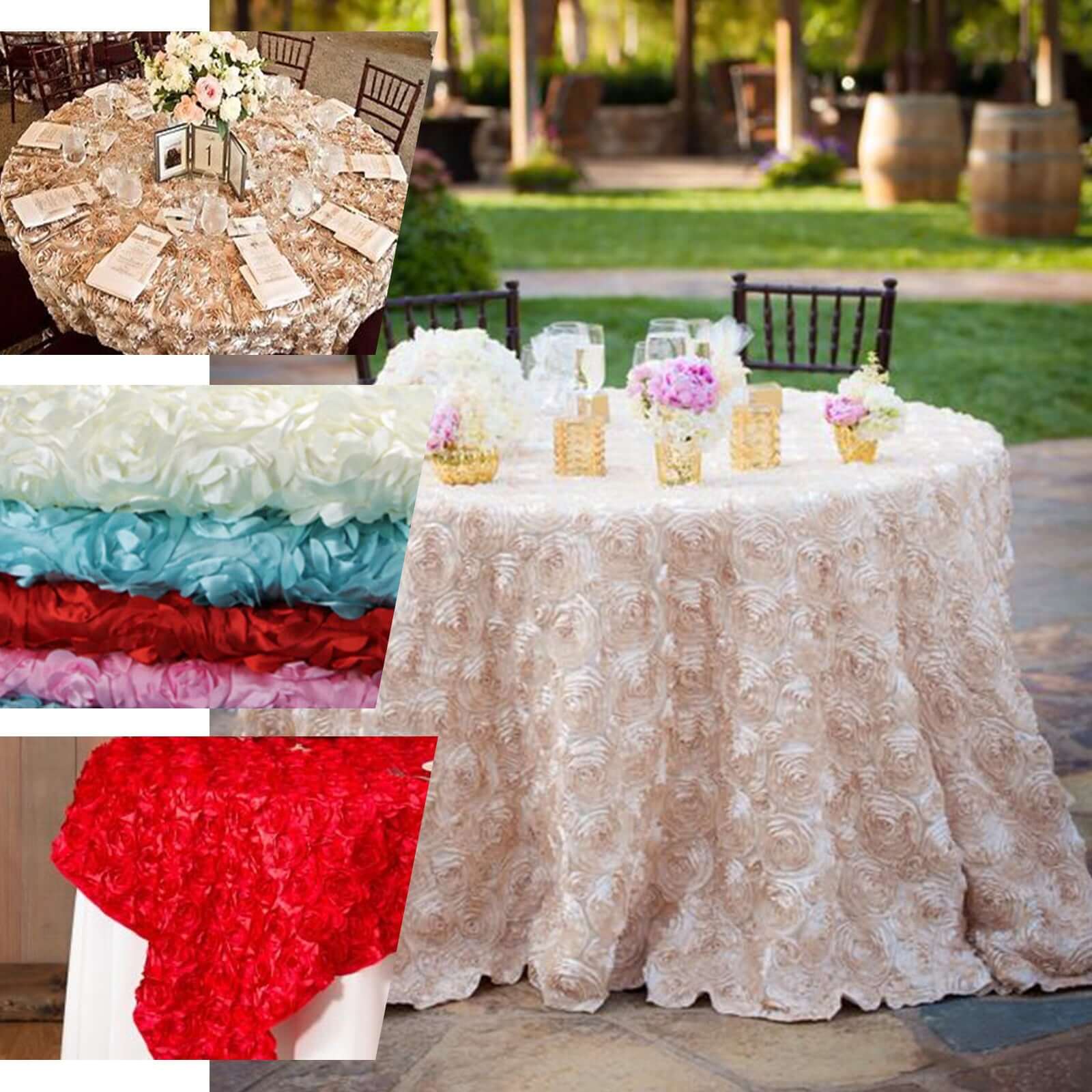 Satin 72"x72" Table Overlay Square Tablecloth Beige - 3D Rosette Table Cover