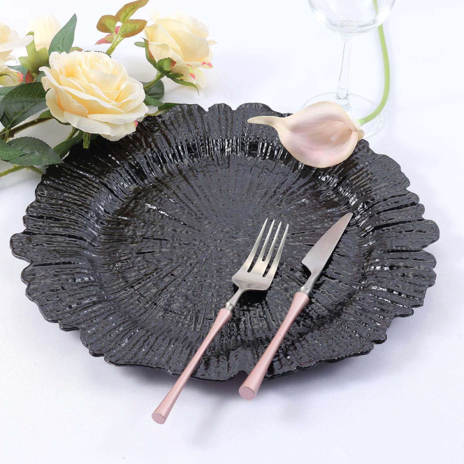 6-Pack Acrylic Plastic Round Charger Plates 13" in Black with Reef Design, Dinner Charger Tableware