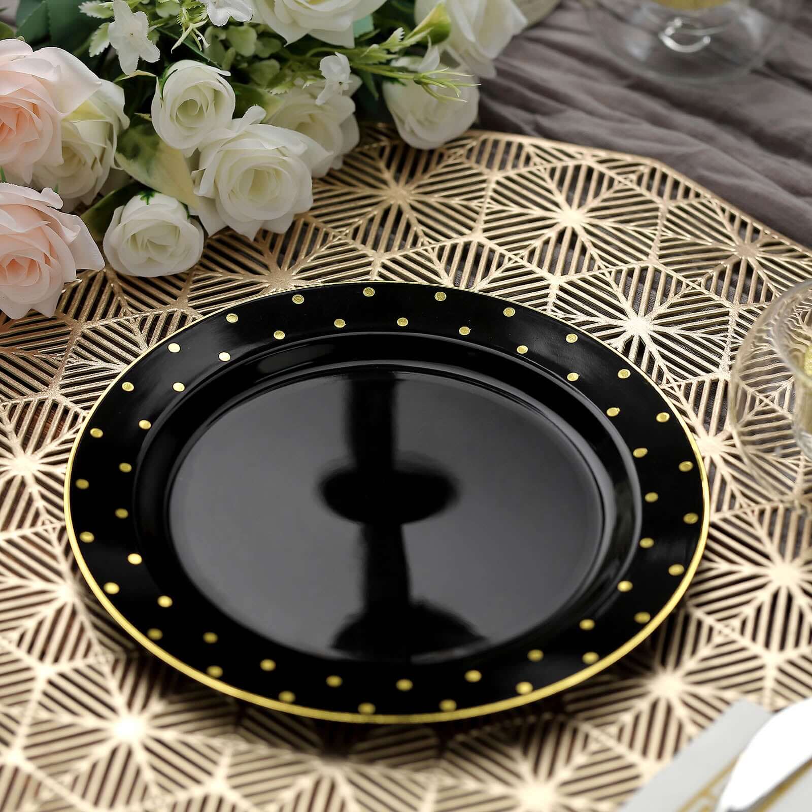 10 Pack 7.5" Black With Gold Dot Rim Plastic Dessert Plates, Round Salad Disposable Tableware Plates