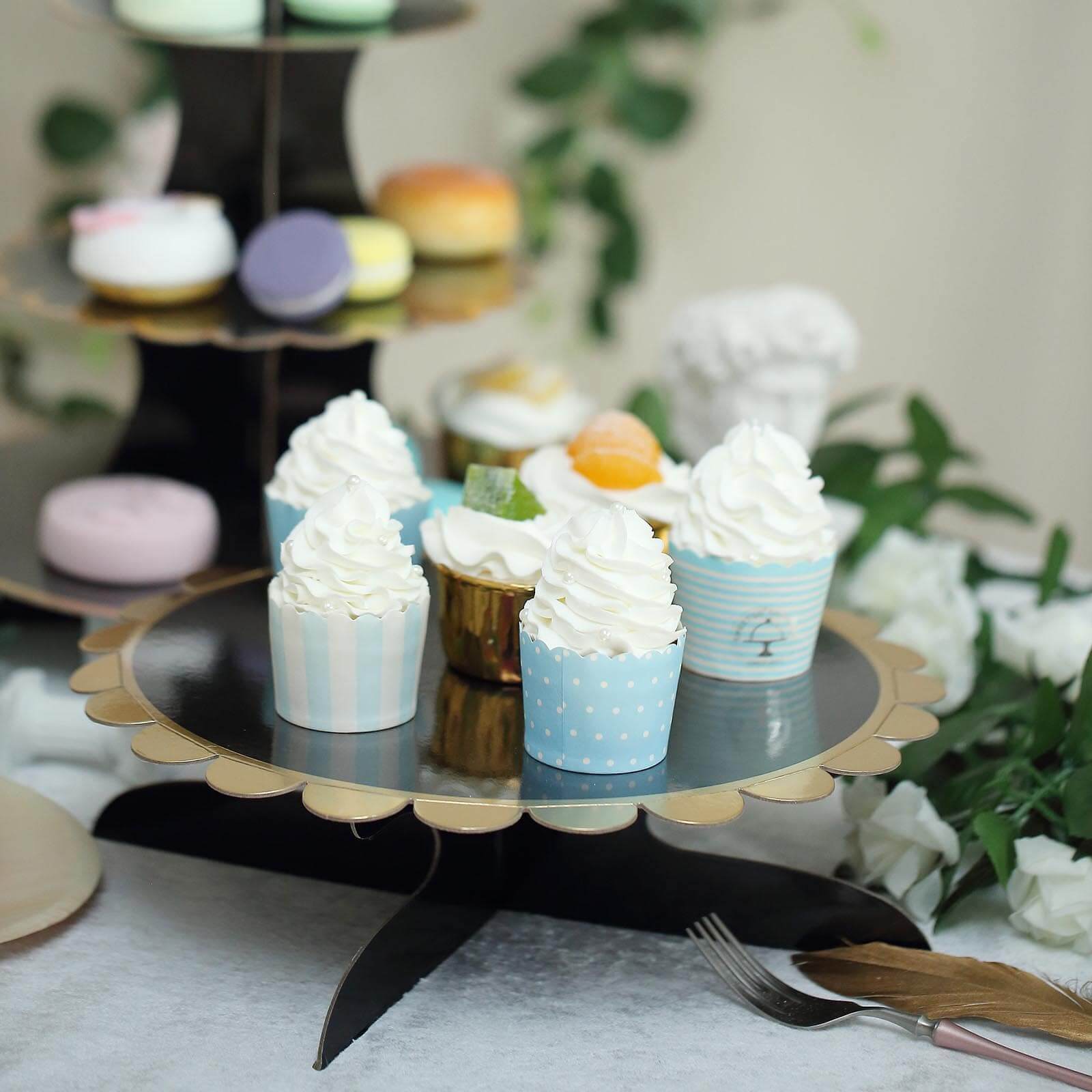 1-Tier Cardboard Cake Stand Black - Stylish Reusable Cupcake Dessert Holder with Gold Scalloped Rim for Baby Showers Birthdays & Events 13"