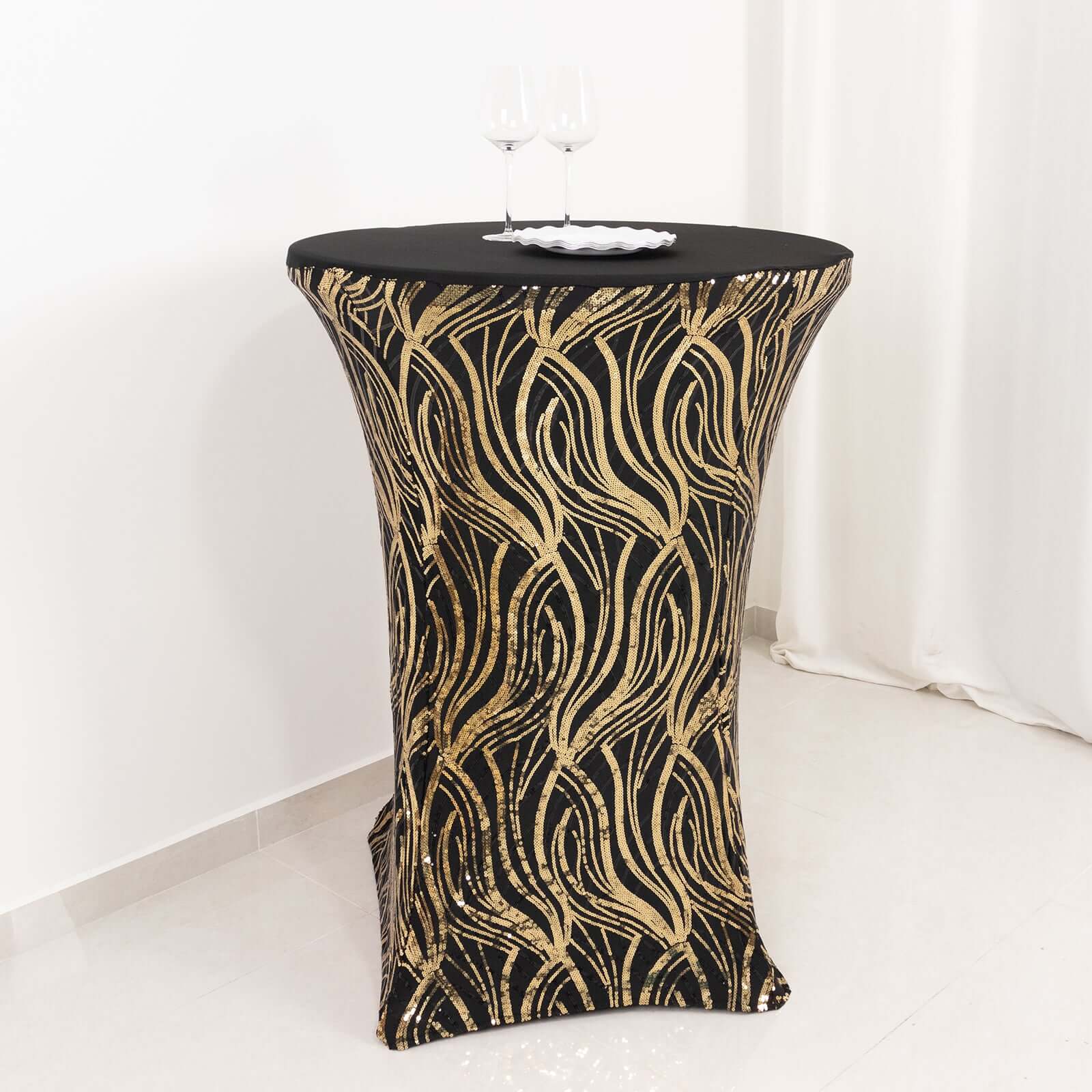 Spandex 32" Round Cocktail Table Cover Black/Gold with Wave Embroidered Sequins - Glamorous Design for Upscale Events