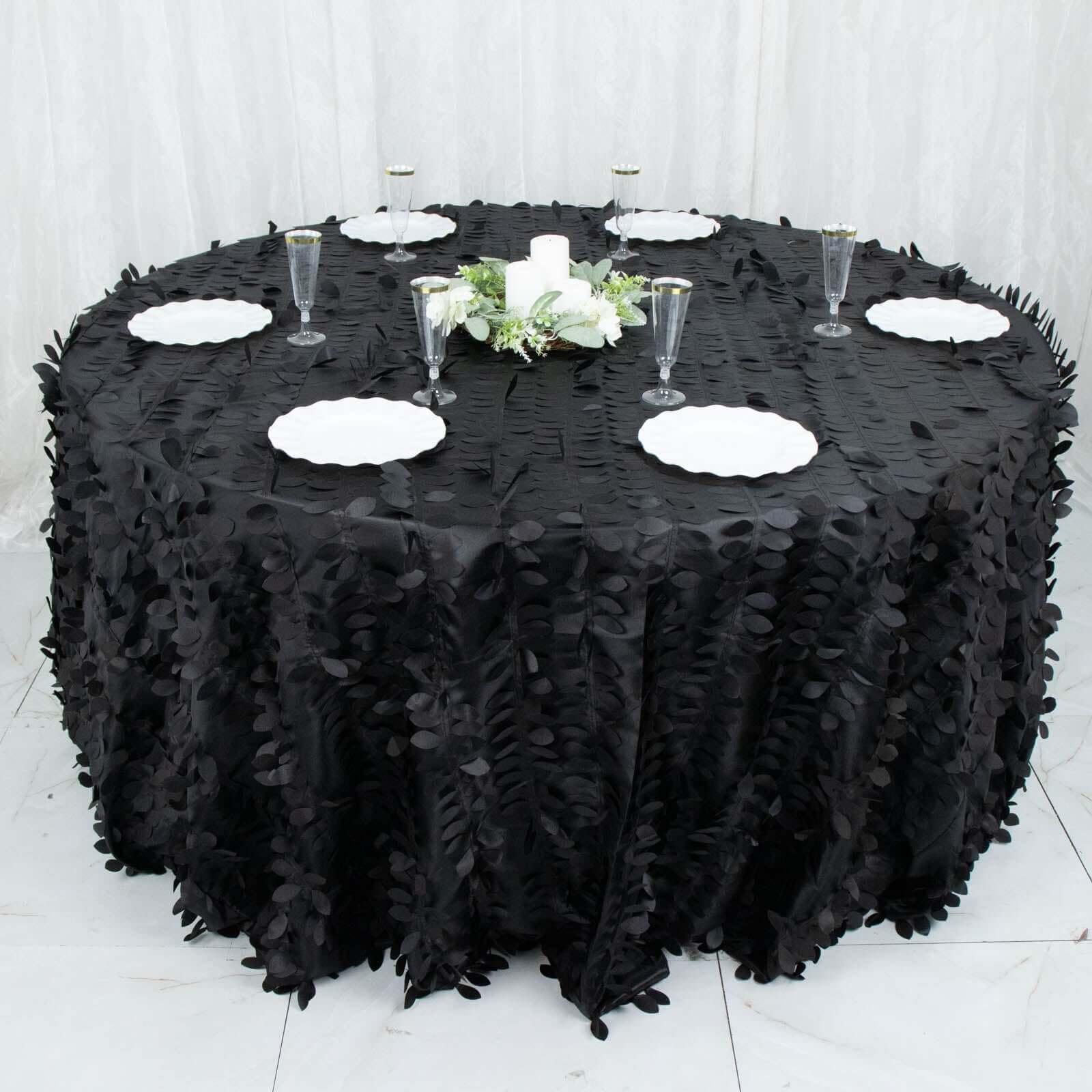 Taffeta 132" Round Tablecloth Black 3D | 3D Leaf Petal Design Seamless Table Cover