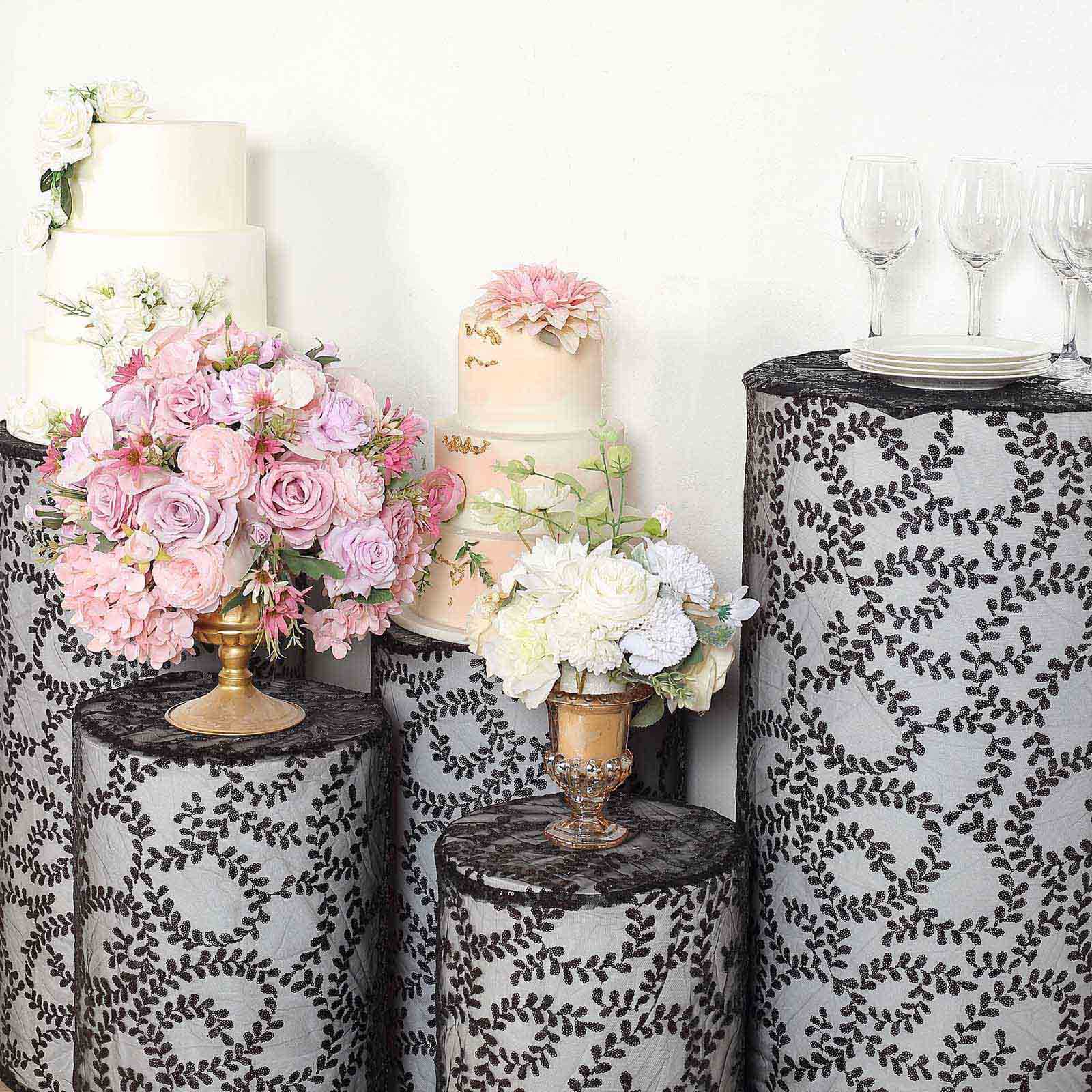 Set of 5 Black Sequin Mesh Cylinder Pedestal Stand Covers with Leaf Vine Embroidery, Sparkly Sheer Tulle Pillar Prop Covers