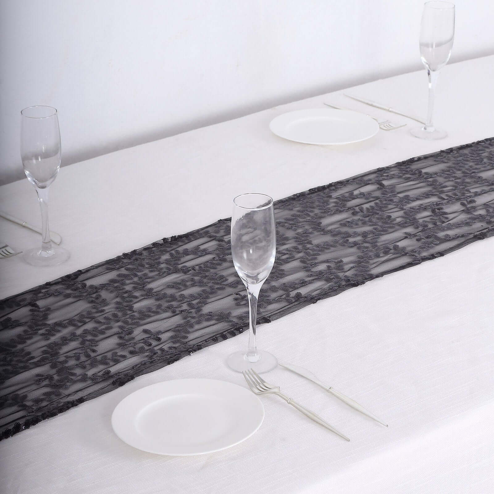 Mesh 12"x108" Table Runner Black - Leaf Vine Embroidery
