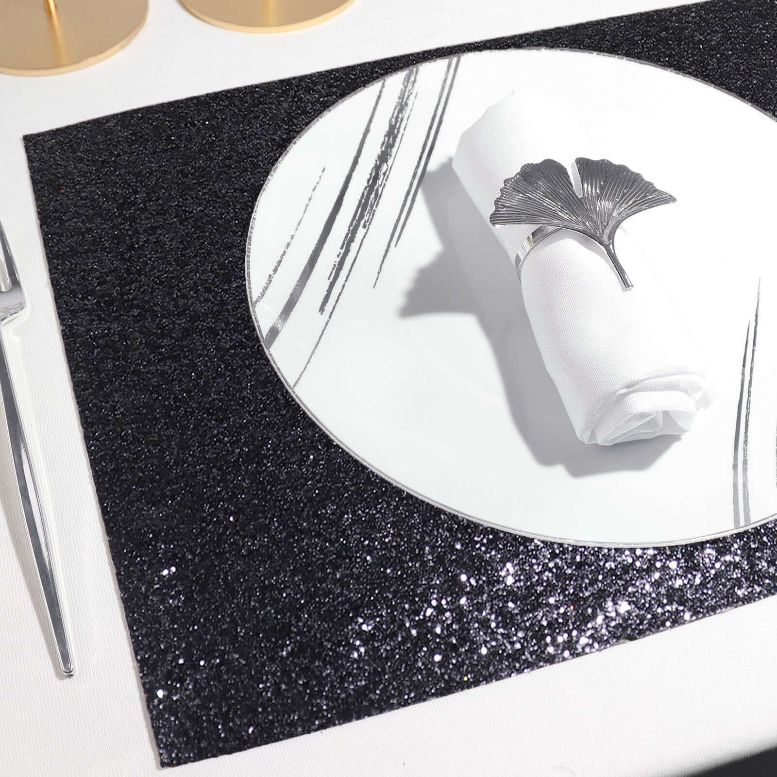 6-Pack Placemats Glitter Design Black Sparkle Rectangle - Non-Slip Decorative Dining Table Mats 12"x18"