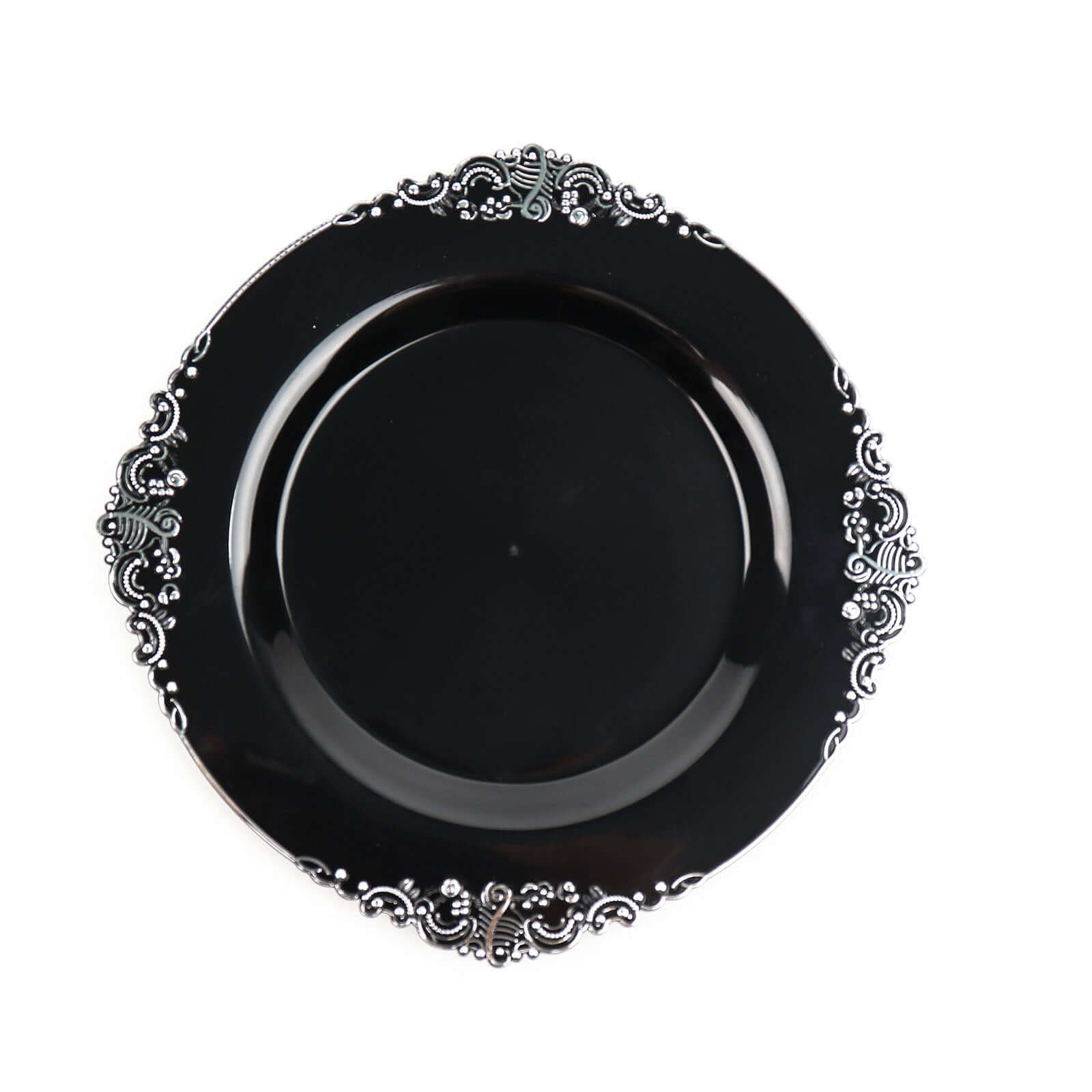 10-Pack Plastic 8" Round Dessert Plates in Black with Silver Leaf Embossed Rim - Disposable Vintage Baroque Style Salad Plates