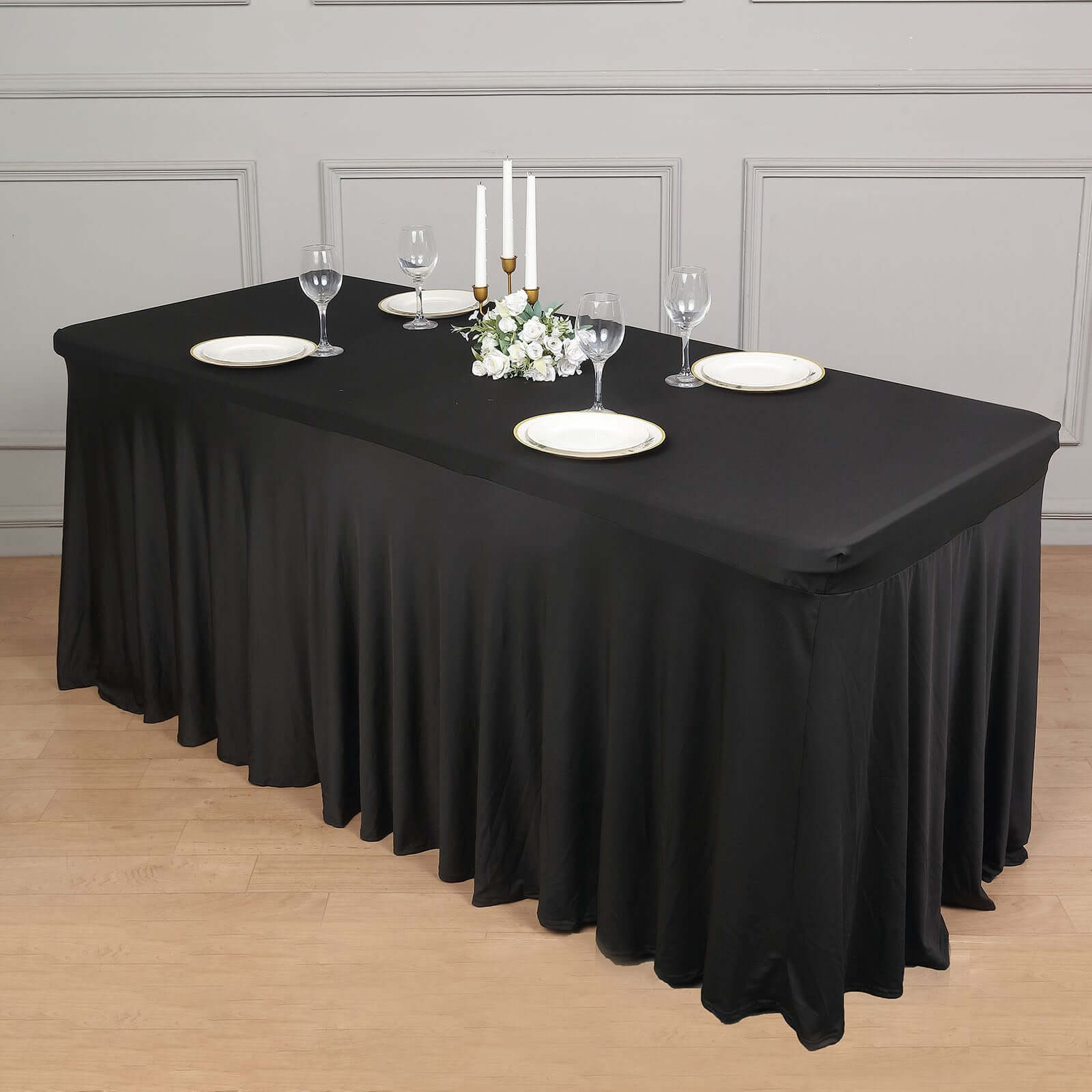Spandex Rectangle 72"x30" Table Skirt Black with Wavy Skirt-Like Effect Table Cover