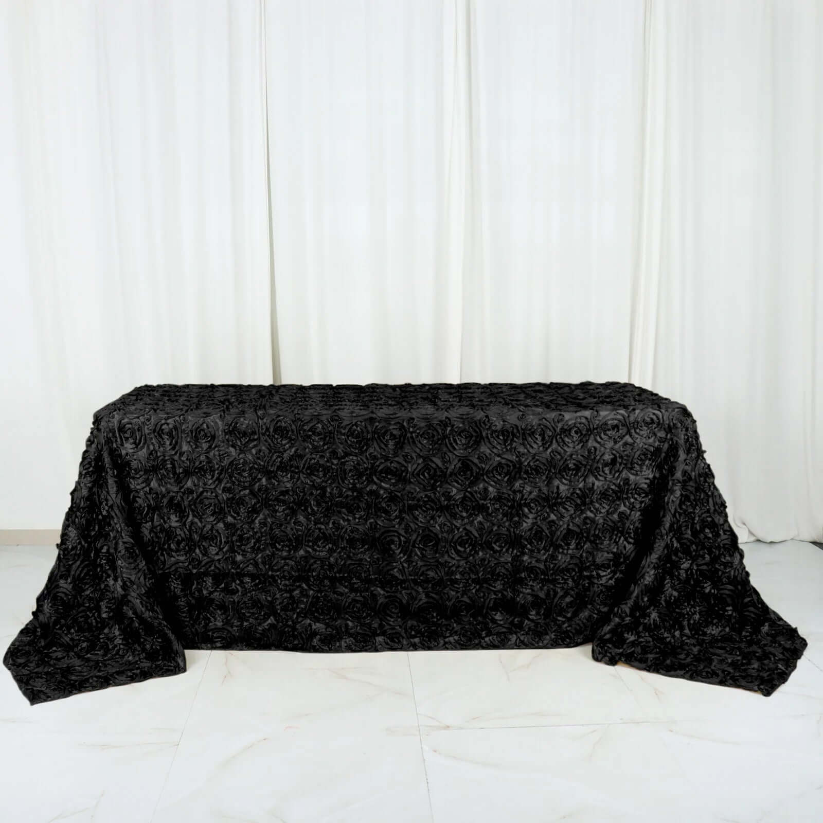 Satin 90"x132" Rectangle Tablecloth Black - Grandiose 3D Rosette Design with Seamless Finish for Graceful Gatherings