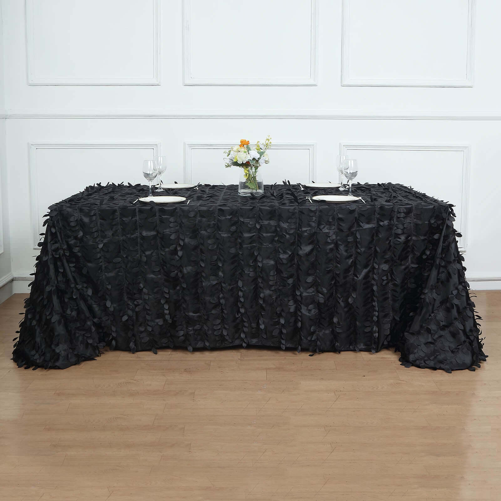 Taffeta 90"x156" Rectangle Tablecloth Black | 3D Leaf Petal Design Seamless Table Cover