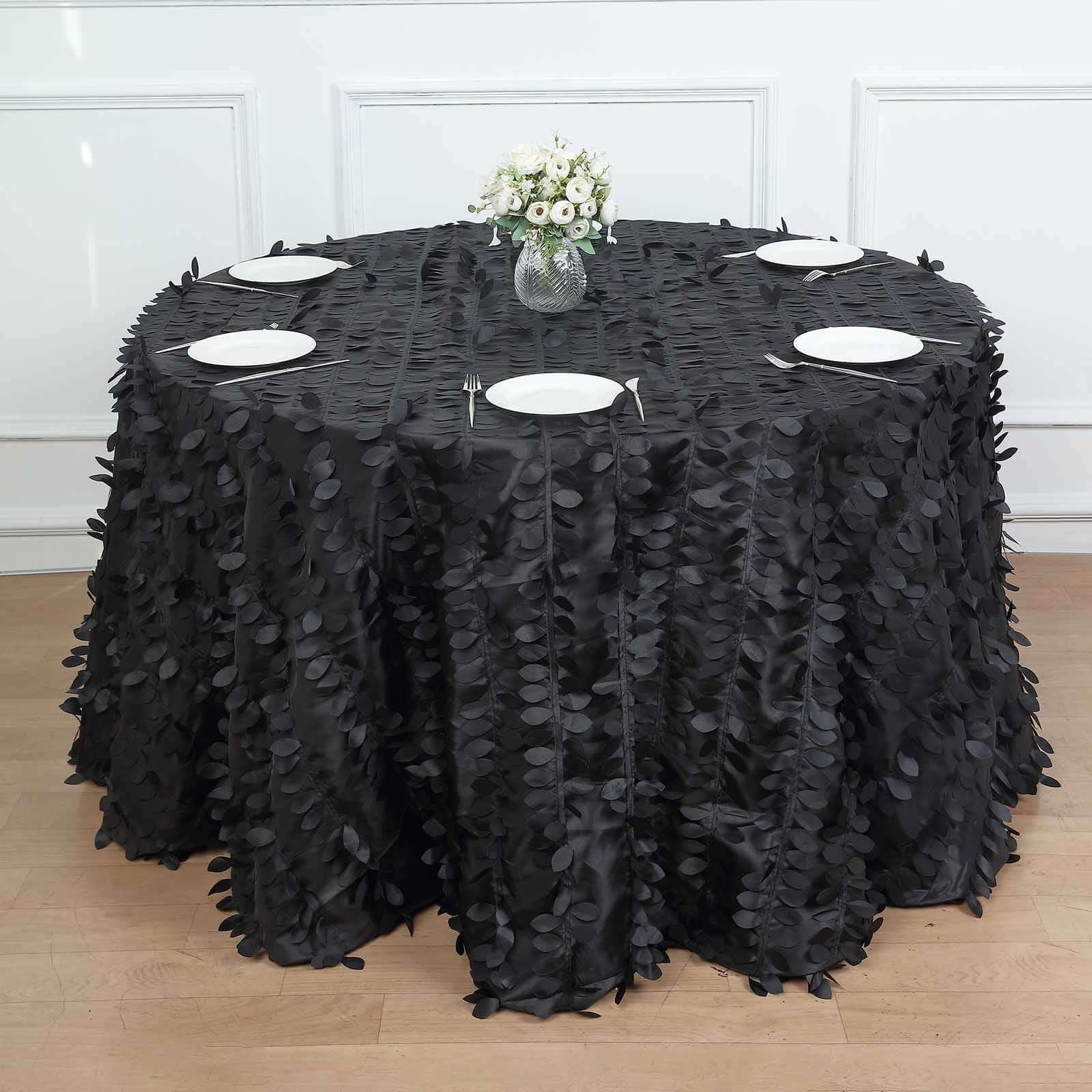 Taffeta 120" Round Tablecloth Black Leaf | 3D Leaf Petal Design Seamless Table Cover