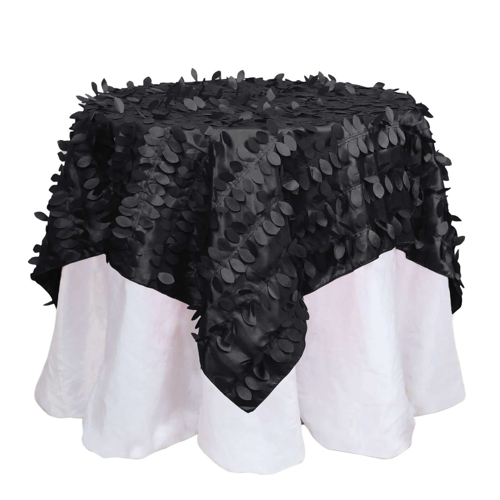 Taffeta 54"x54" Table Overlay Square Tablecloth Black 3D Leaf Petal Table Cover