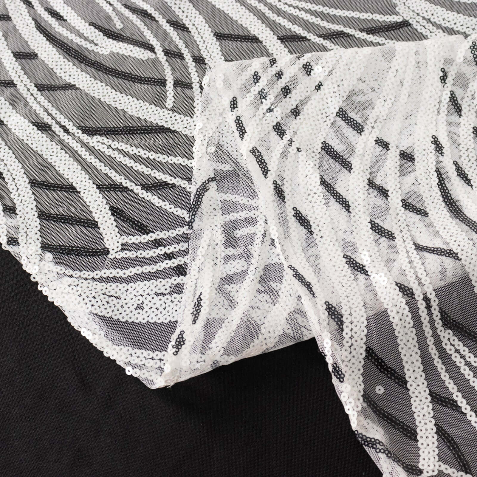 Sequin Mesh 12"x108" Table Runner White Black Stylish Wave Embroidery