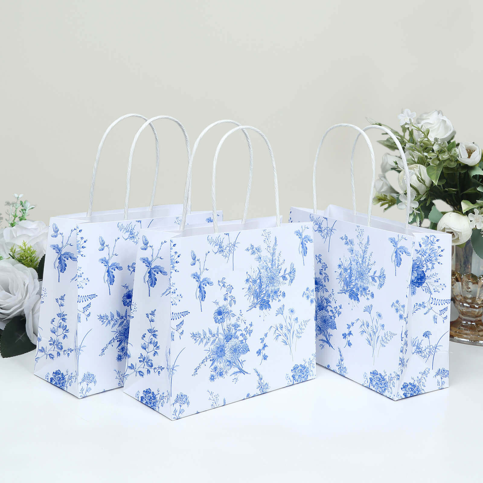 12 Pack White Blue Paper Gift Bags With Handles in French Toile Pattern, Party Favor Goodie Bags - 6"x7"