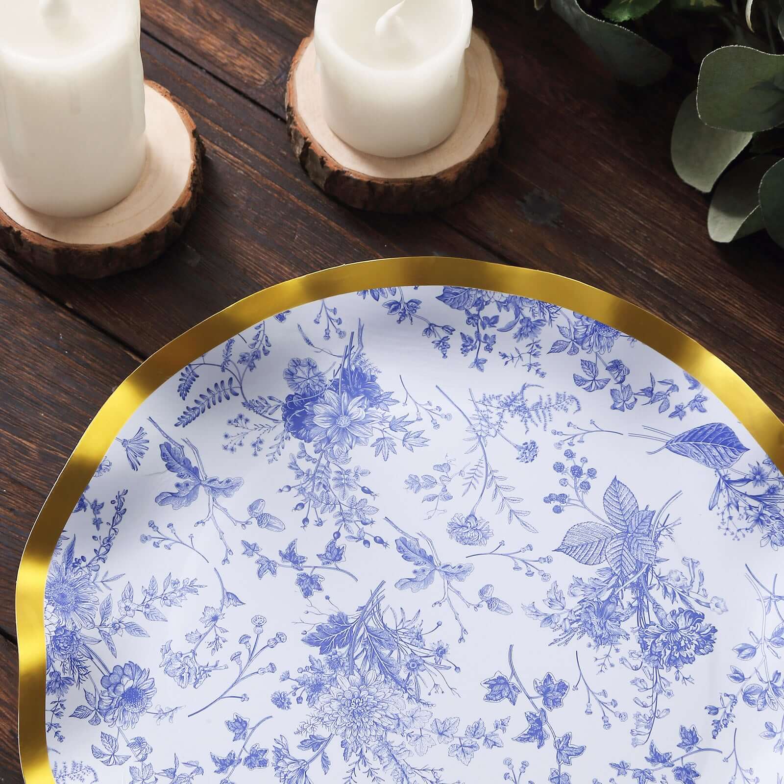25-Pack Paper Round Dinner Plates 10" in White with Blue French Toile Pattern & Gold Wavy Rim - Disposable 350GSM Party Plates