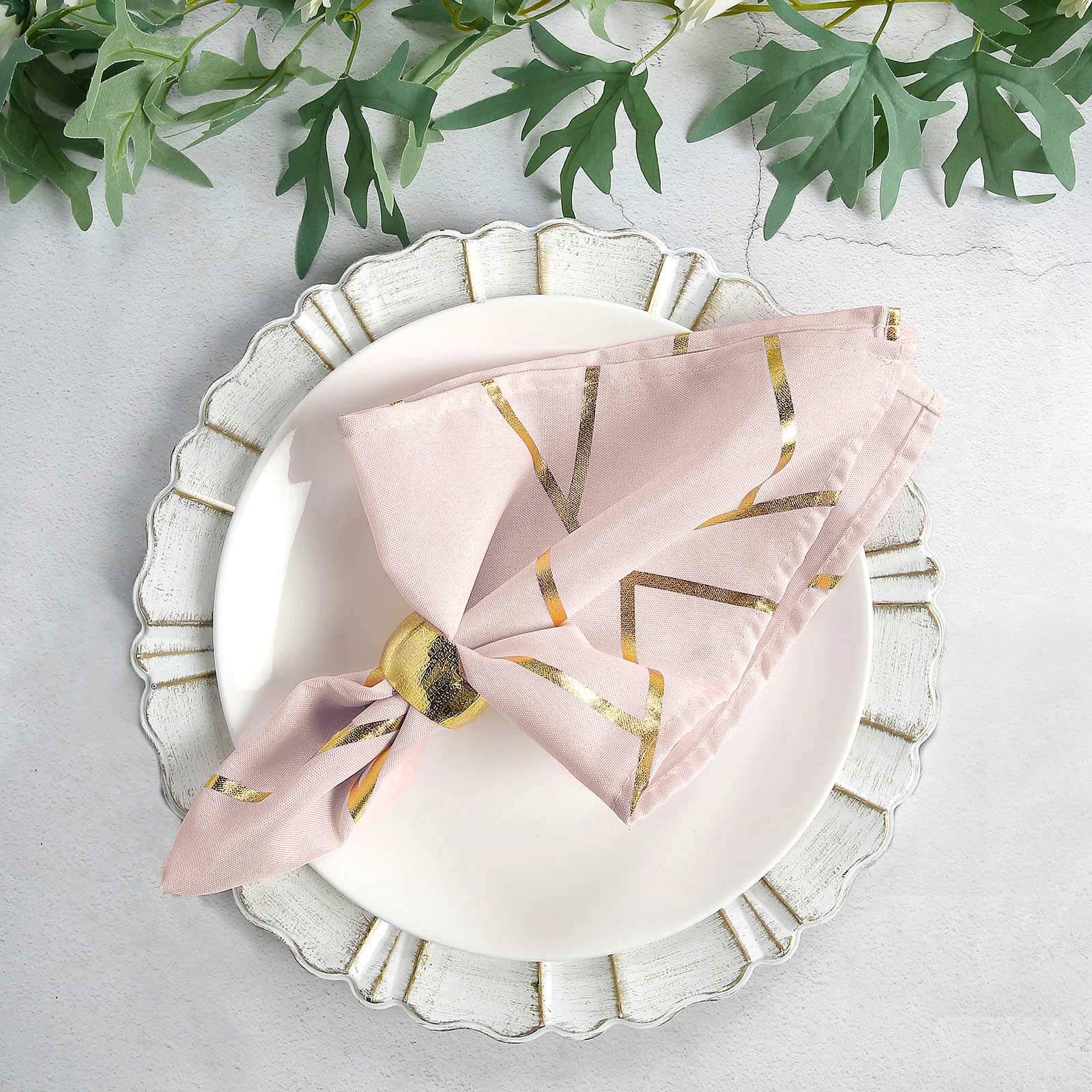 5 Pack Modern Blush and Geometric Gold Cloth Dinner Napkins 20"x20"