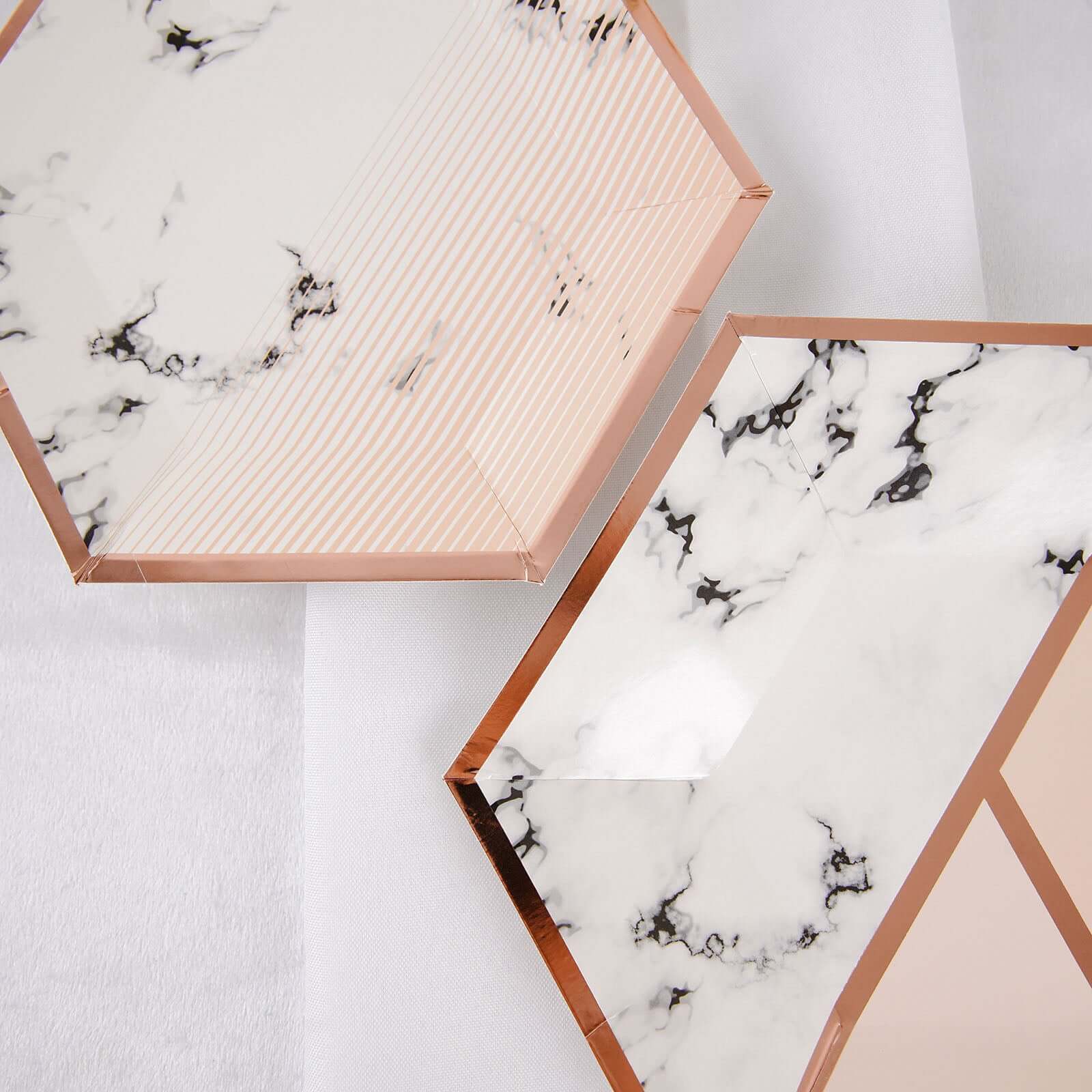 50-Pack Paper Hexagon Dinner and Dessert Plates in Blush with Marble Design & Rose Gold Foil Rim - Chic Disposable Geometric Party Plates Set for 25 Guests 8", 10"