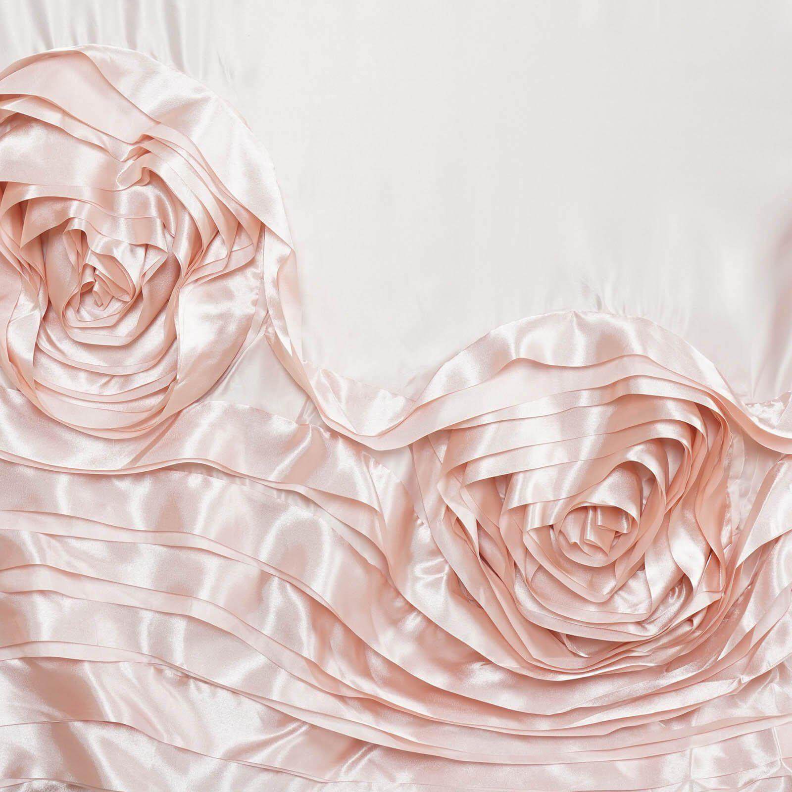90"x156" Blush Seamless Large Rosette Rectangular Satin Tablecloth for 8 Foot Table With Floor-Length Drop
