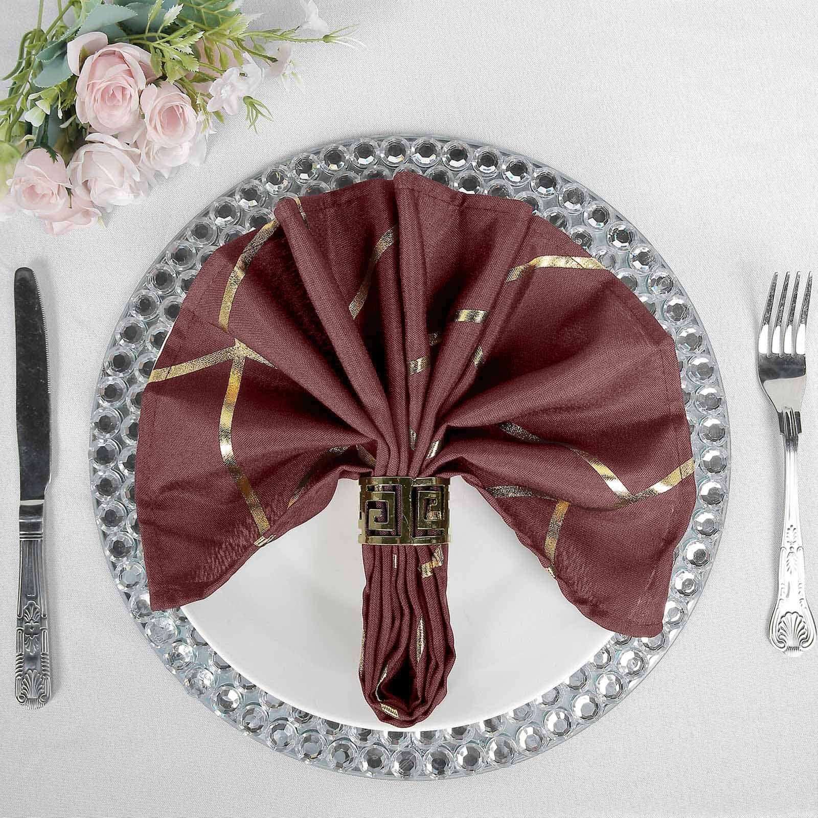 5 Pack Modern Burgundy and Geometric Gold Cloth Dinner Napkins 20"x20"
