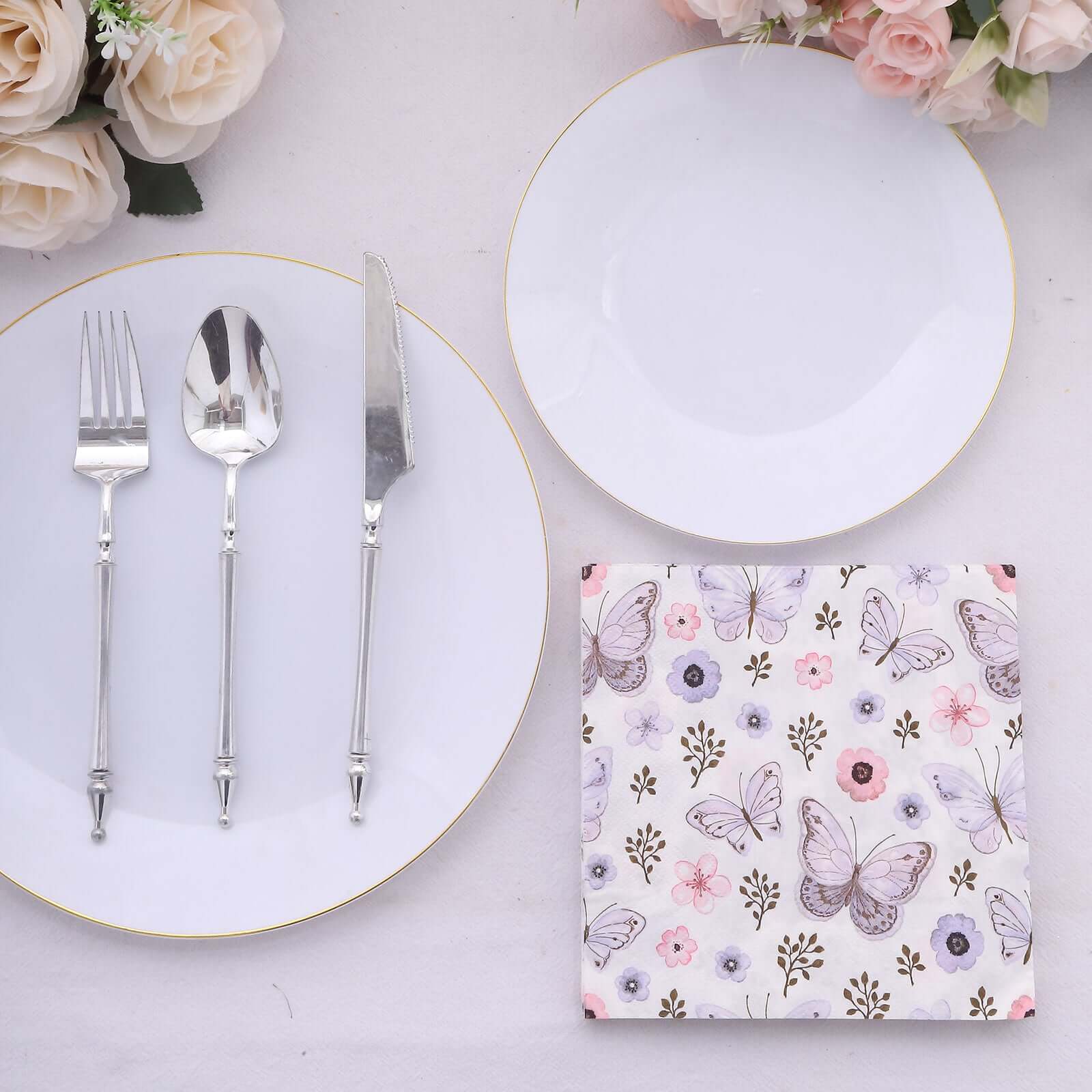 50-Pack Paper Beverage Napkins with Lavender Butterfly Floral Design Ivory - 2 Ply Soft 18GSM Garden Wedding Napkins 6.5"x6.5"